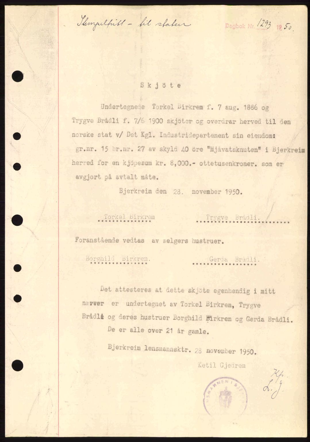 Dalane sorenskriveri, SAST/A-100309/02/G/Gb/L0055: Pantebok nr. A15, 1950-1950, Dagboknr: 1293/1950