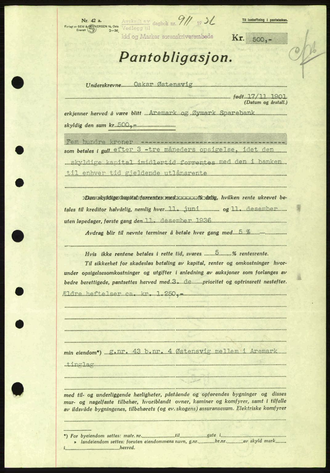 Idd og Marker sorenskriveri, AV/SAO-A-10283/G/Gb/Gbc/L0001: Pantebok nr. B1-3, 1936-1939, Dagboknr: 911/1936