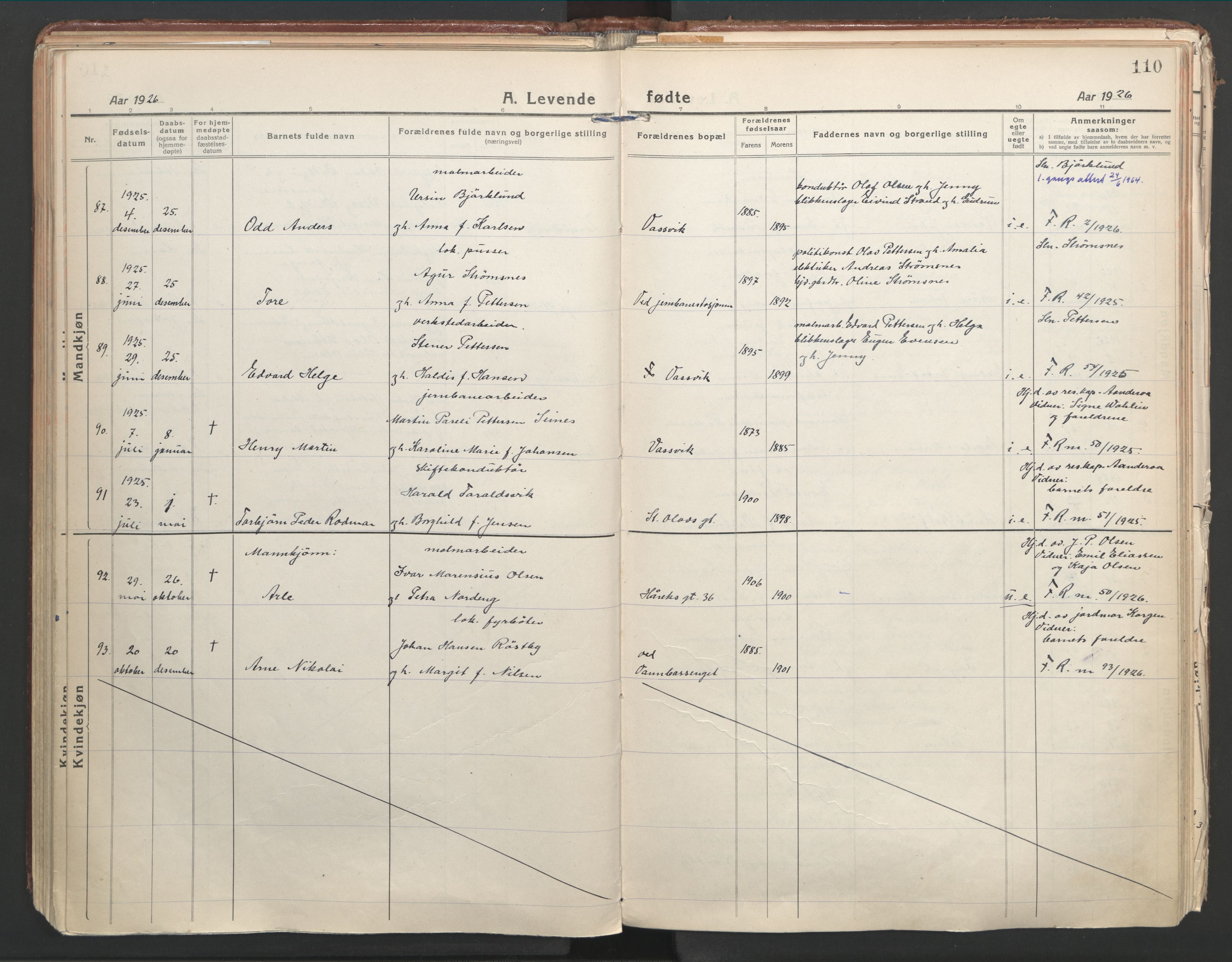 Ministerialprotokoller, klokkerbøker og fødselsregistre - Nordland, AV/SAT-A-1459/871/L1003: Ministerialbok nr. 871A19, 1921-1930, s. 110