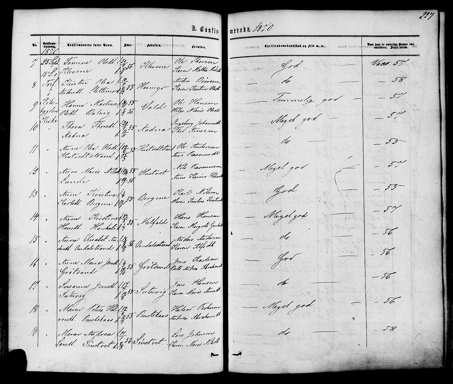 Solum kirkebøker, AV/SAKO-A-306/F/Fa/L0008: Ministerialbok nr. I 8, 1865-1876, s. 227