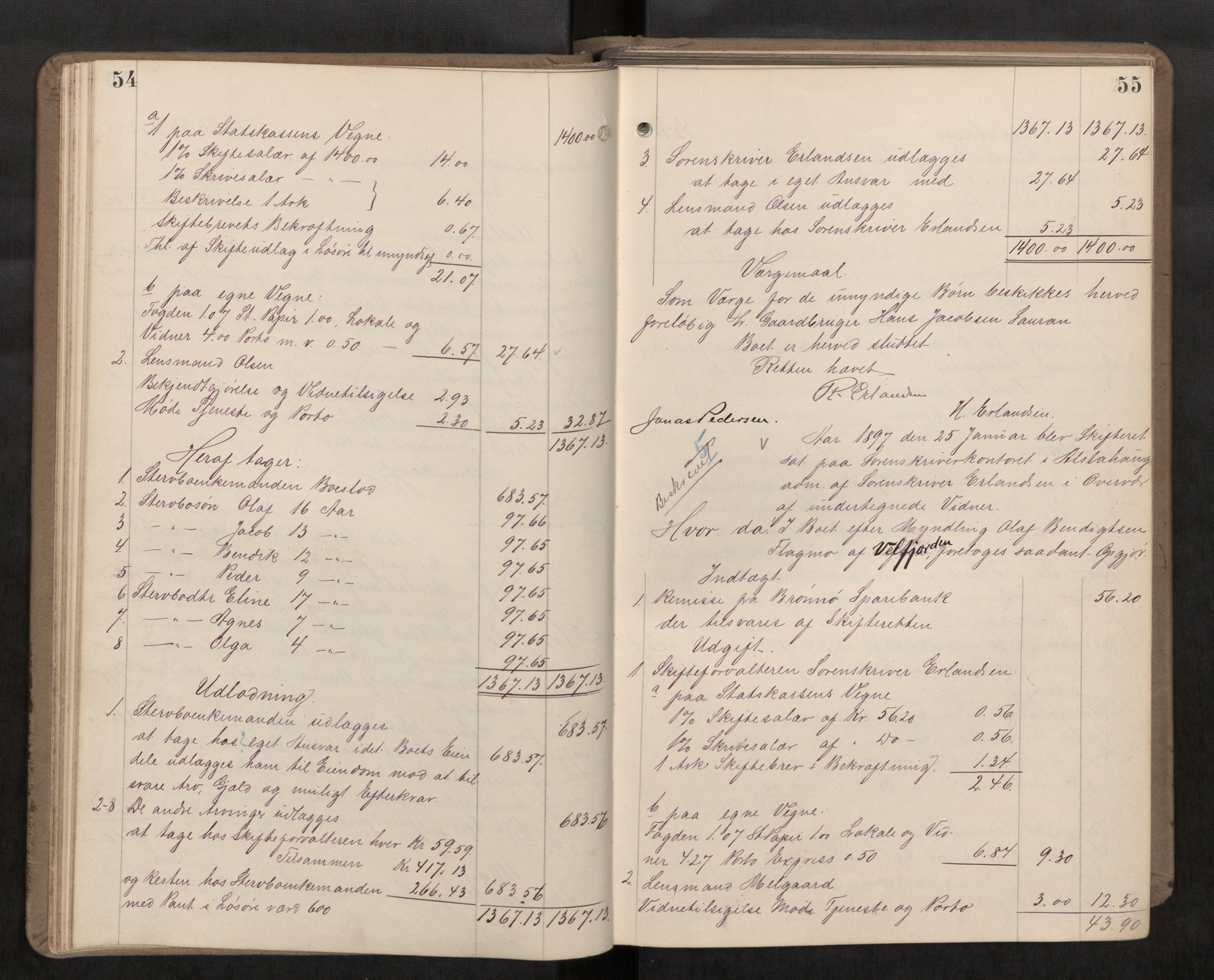 Søndre Helgeland sorenskriveri, AV/SAT-A-4575/1/3/3A/L0006: Skifteutlodningsprot., 1896-1902, s. 54-55