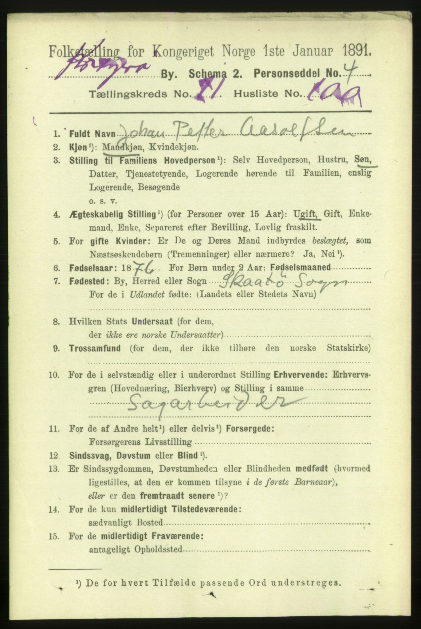 RA, Folketelling 1891 for 0801 Kragerø kjøpstad, 1891, s. 2497