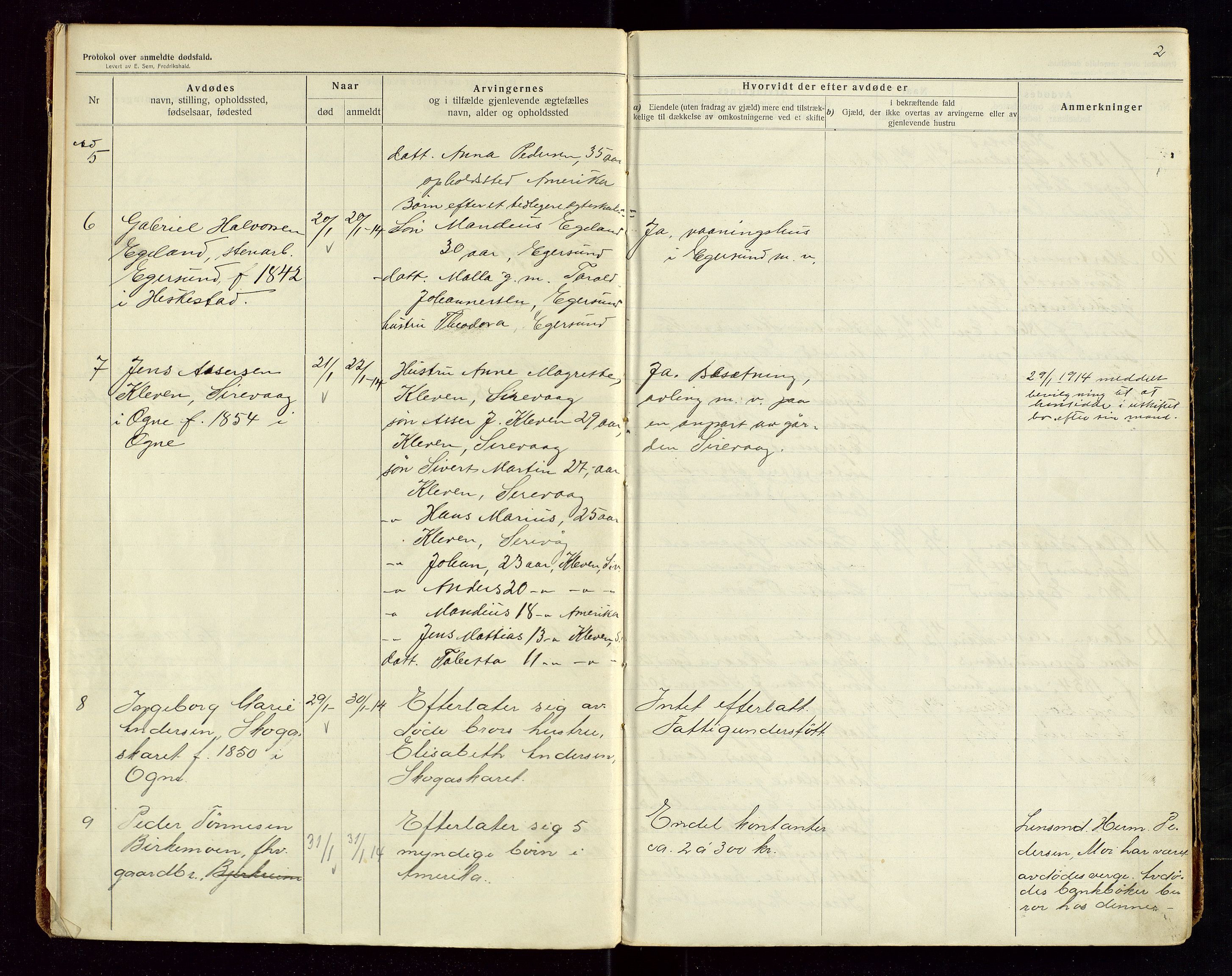 Eigersund lensmannskontor, SAST/A-100171/Gga/L0006: "Protokol over anmeldte dødsfald" m/alfabetisk navneregister, 1914-1917, s. 2
