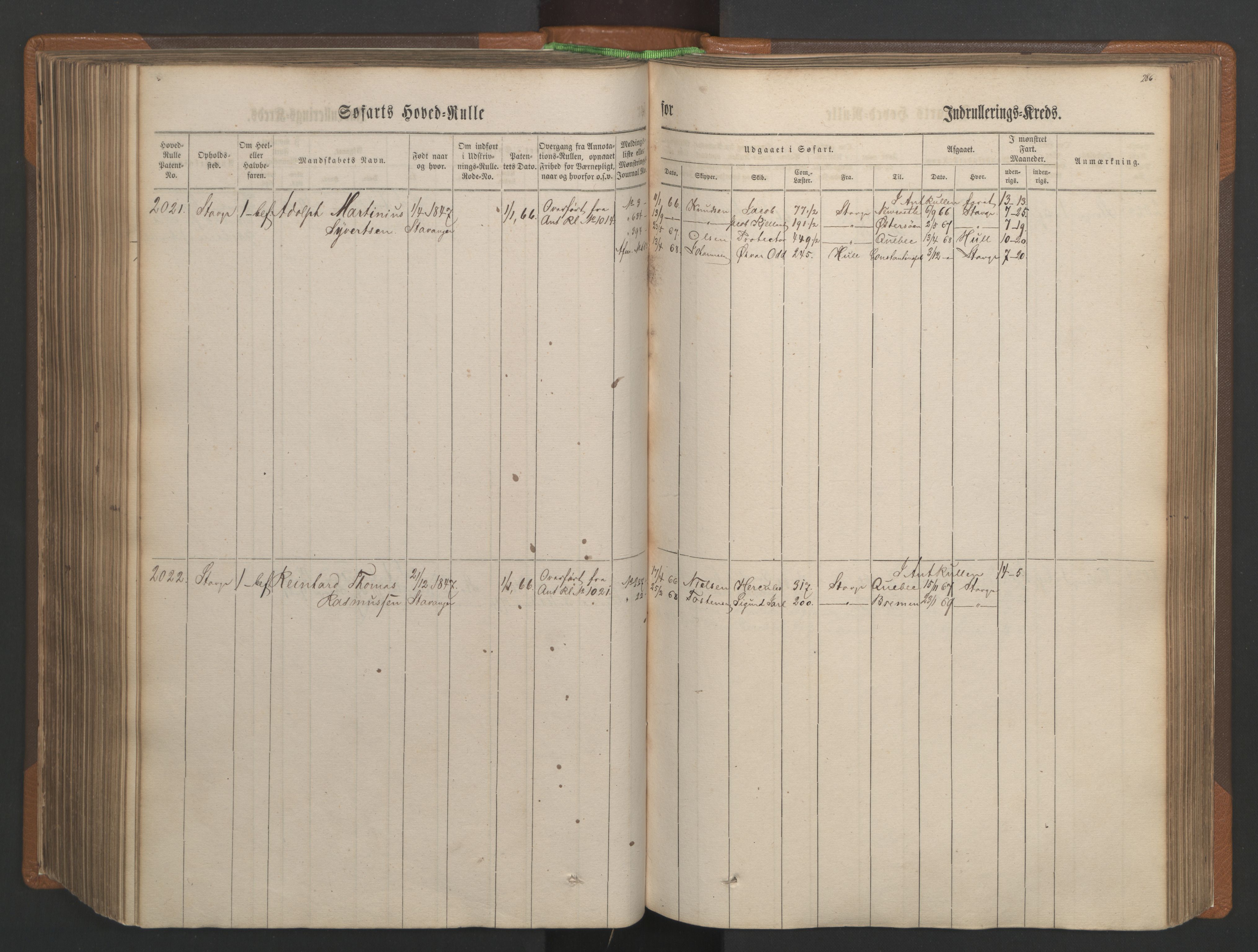 Stavanger sjømannskontor, AV/SAST-A-102006/F/Fb/Fbb/L0003: Sjøfartshovedrulle, patentnr. 1451-2270, 1863, s. 302