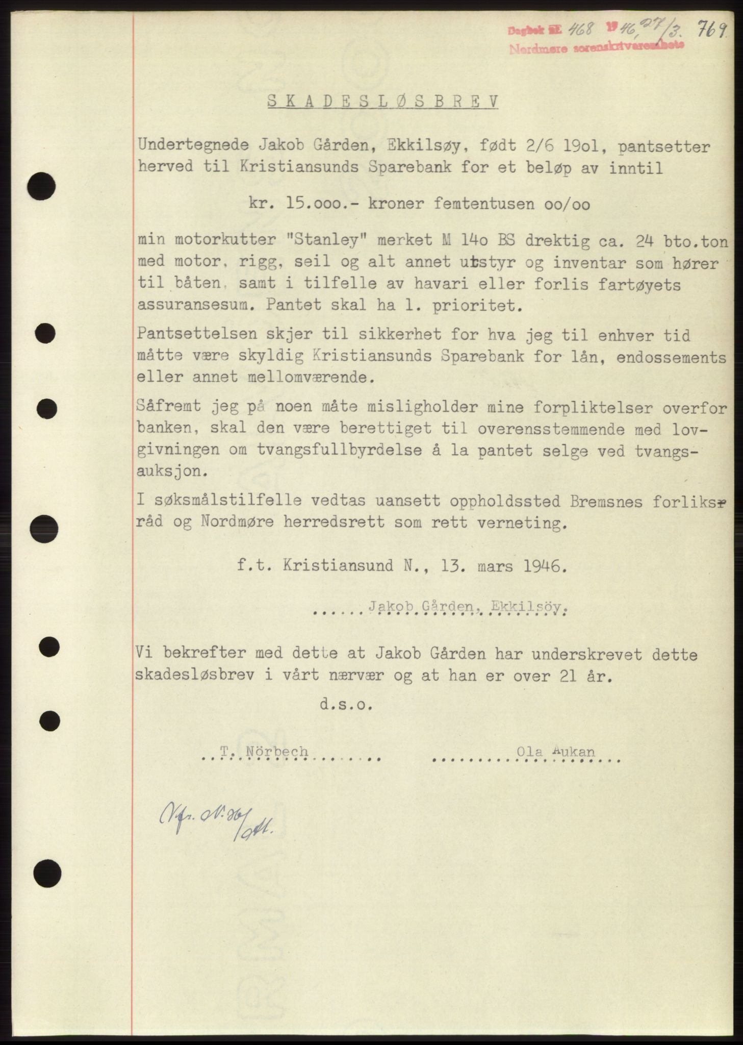 Nordmøre sorenskriveri, SAT/A-4132/1/2/2Ca: Pantebok nr. B93b, 1946-1946, Dagboknr: 468/1946