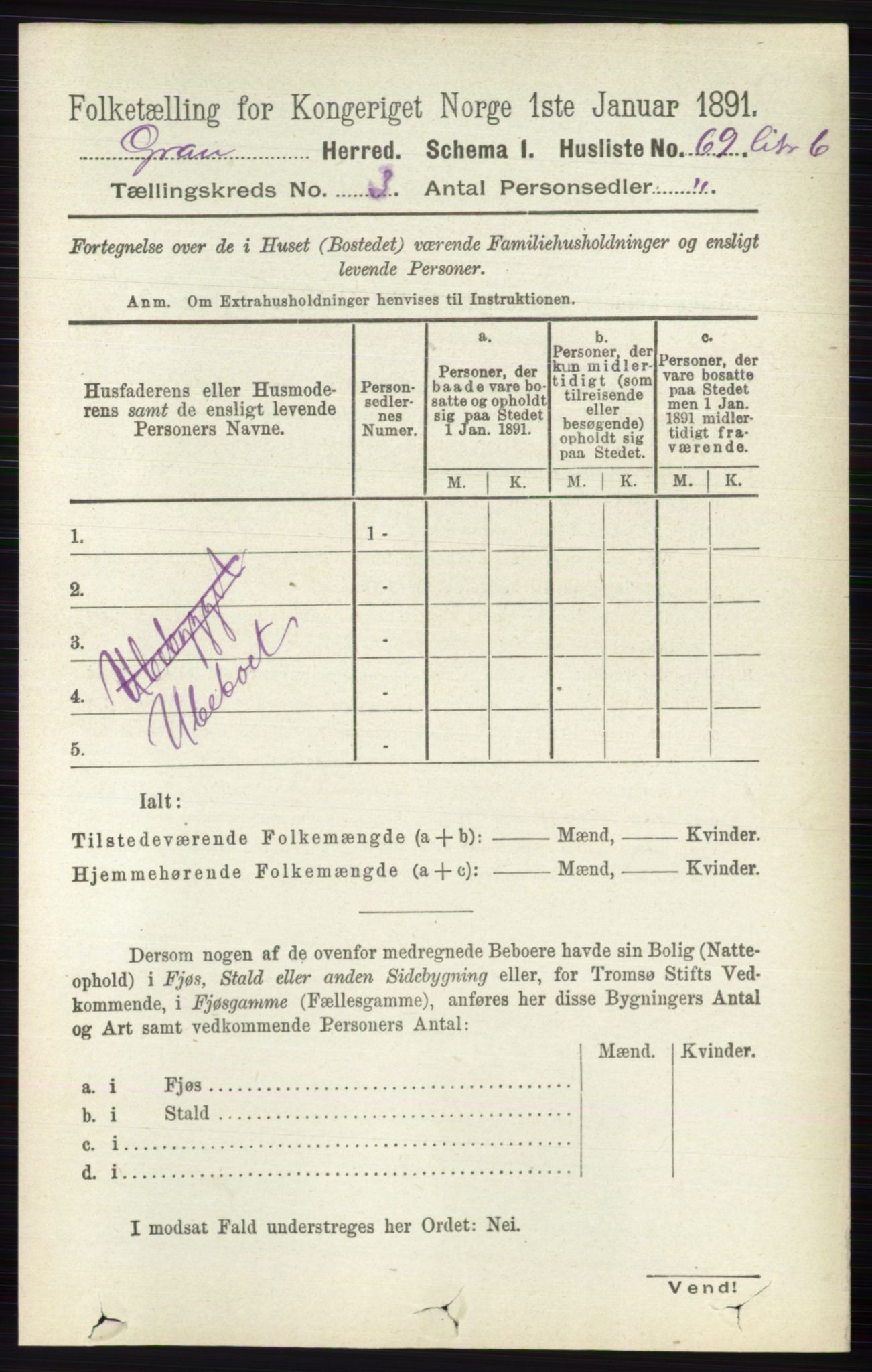 RA, Folketelling 1891 for 0534 Gran herred, 1891, s. 680