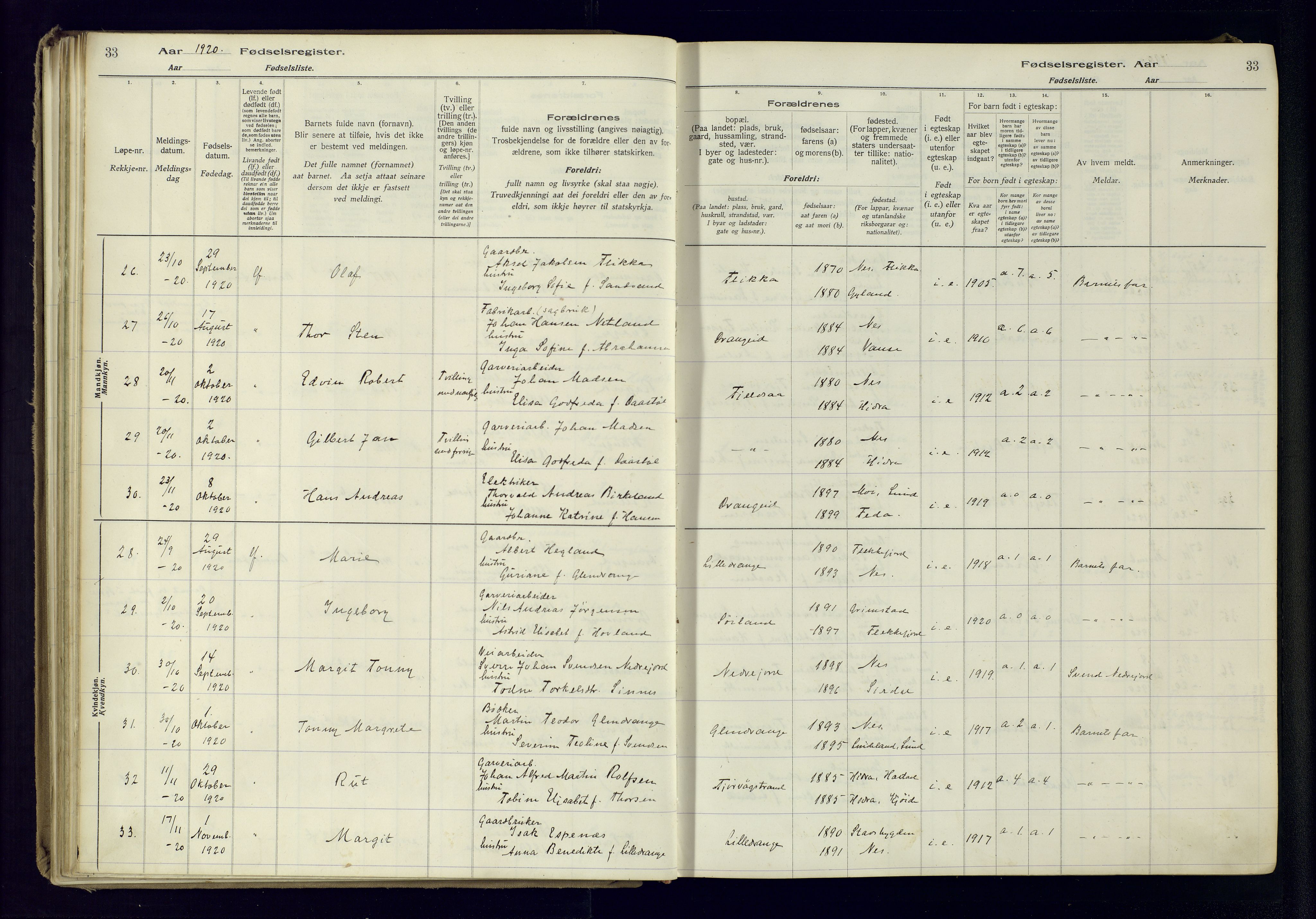 Flekkefjord sokneprestkontor, SAK/1111-0012/J/Ja/L0005: Fødselsregister nr. 5, 1916-1950, s. 33