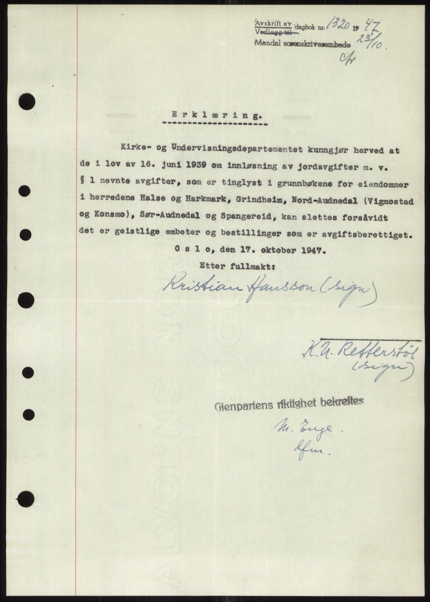 Mandal sorenskriveri, SAK/1221-0005/001/G/Gb/Gbb/L0002: Pantebok nr. B-2 - B-3, 1946-1950, Dagboknr: 1320/1947