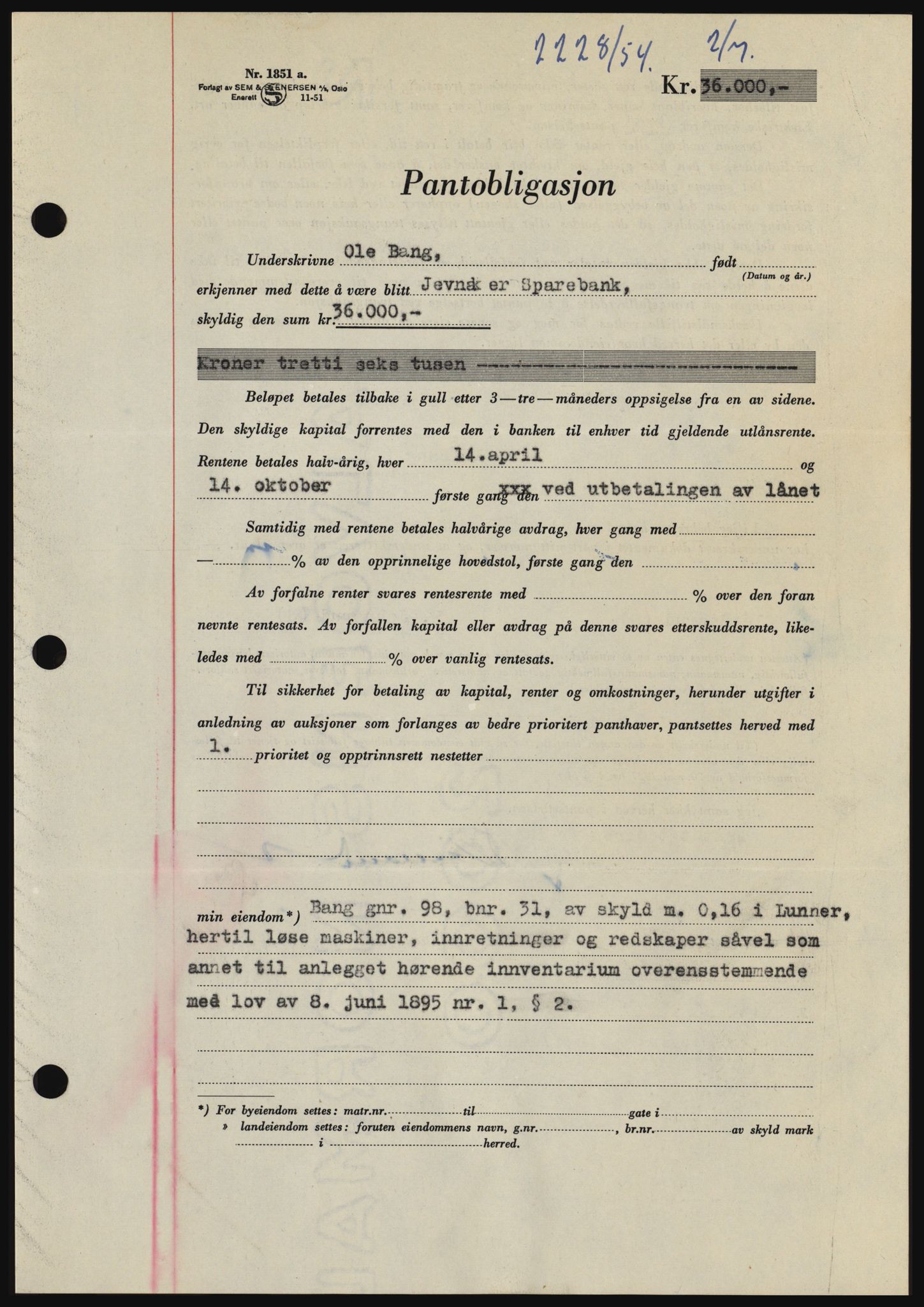 Hadeland og Land tingrett, SAH/TING-010/H/Hb/Hbc/L0030: Pantebok nr. B30, 1954-1954, Dagboknr: 2228/1954