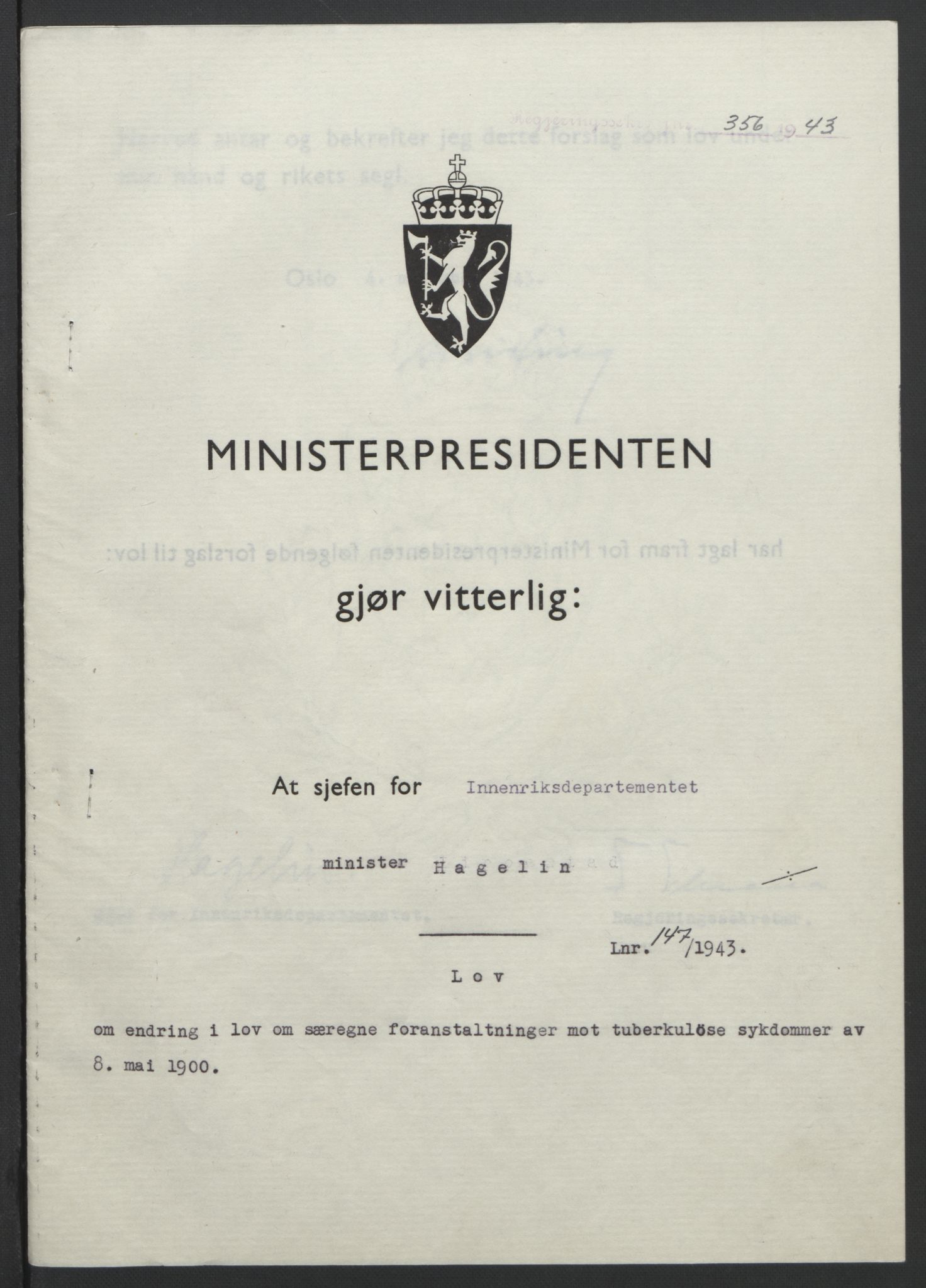 NS-administrasjonen 1940-1945 (Statsrådsekretariatet, de kommisariske statsråder mm), AV/RA-S-4279/D/Db/L0099: Lover, 1943, s. 688