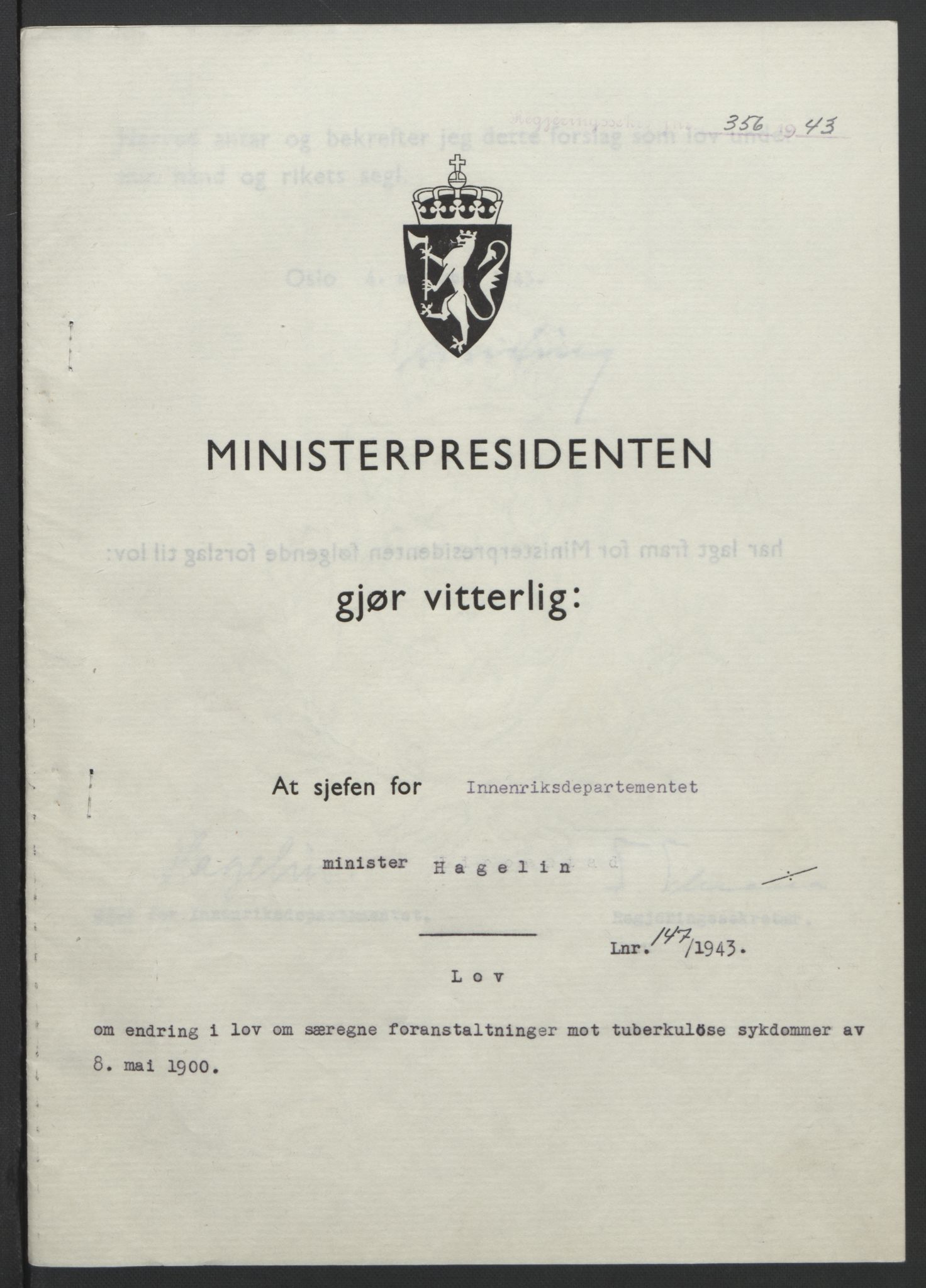 NS-administrasjonen 1940-1945 (Statsrådsekretariatet, de kommisariske statsråder mm), RA/S-4279/D/Db/L0099: Lover, 1943, s. 688