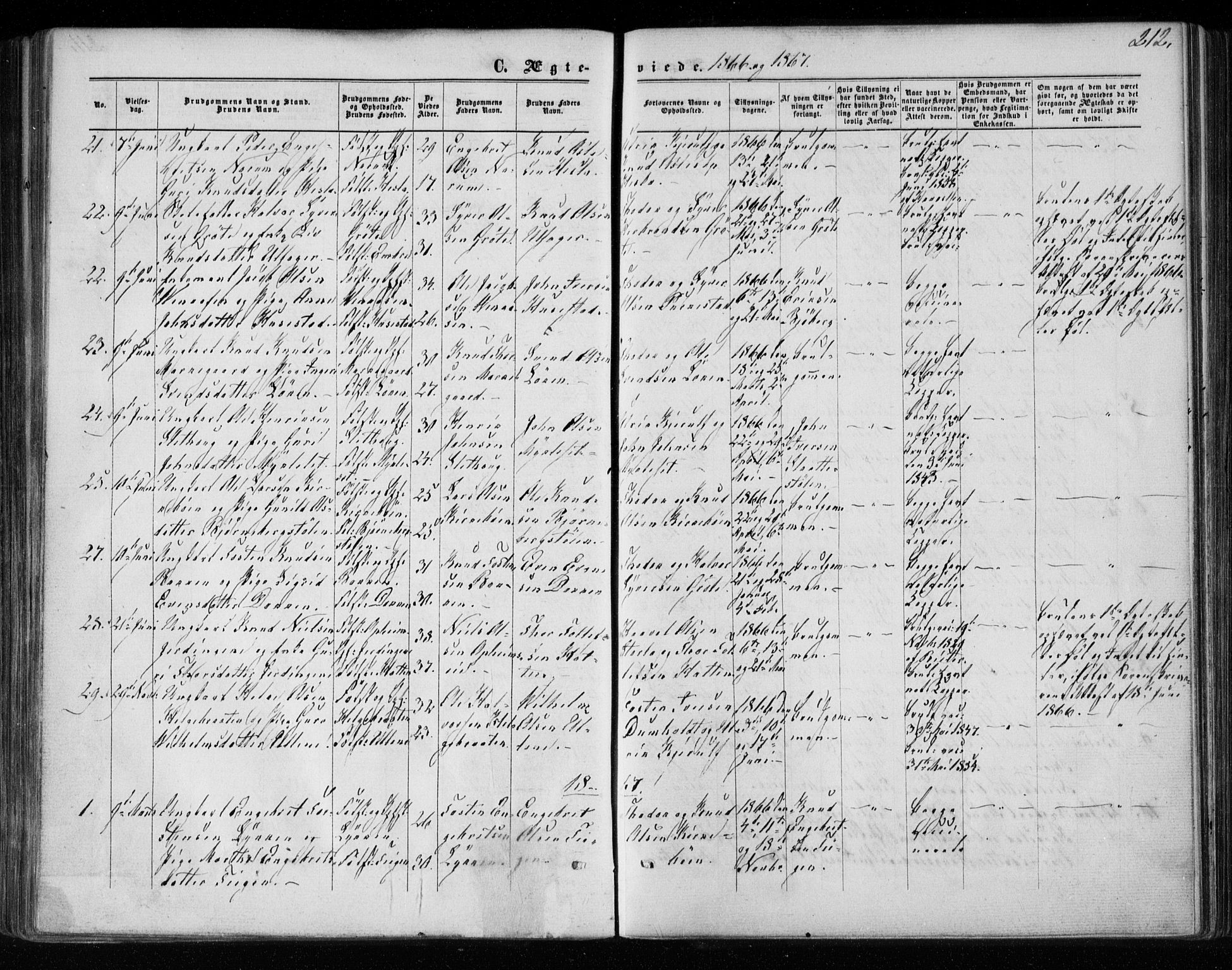 Gol kirkebøker, AV/SAKO-A-226/F/Fa/L0003: Ministerialbok nr. I 3, 1863-1875, s. 212