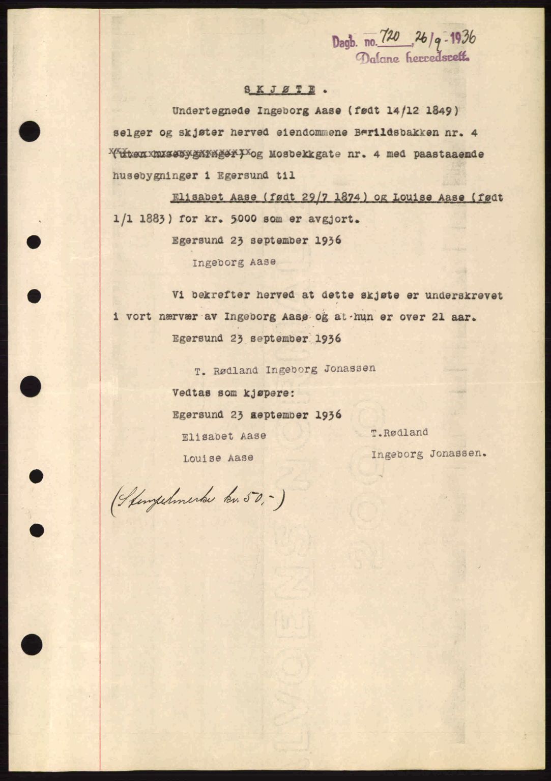 Dalane sorenskriveri, SAST/A-100309/02/G/Gb/L0040: Pantebok nr. A1, 1936-1936, Dagboknr: 720/1936