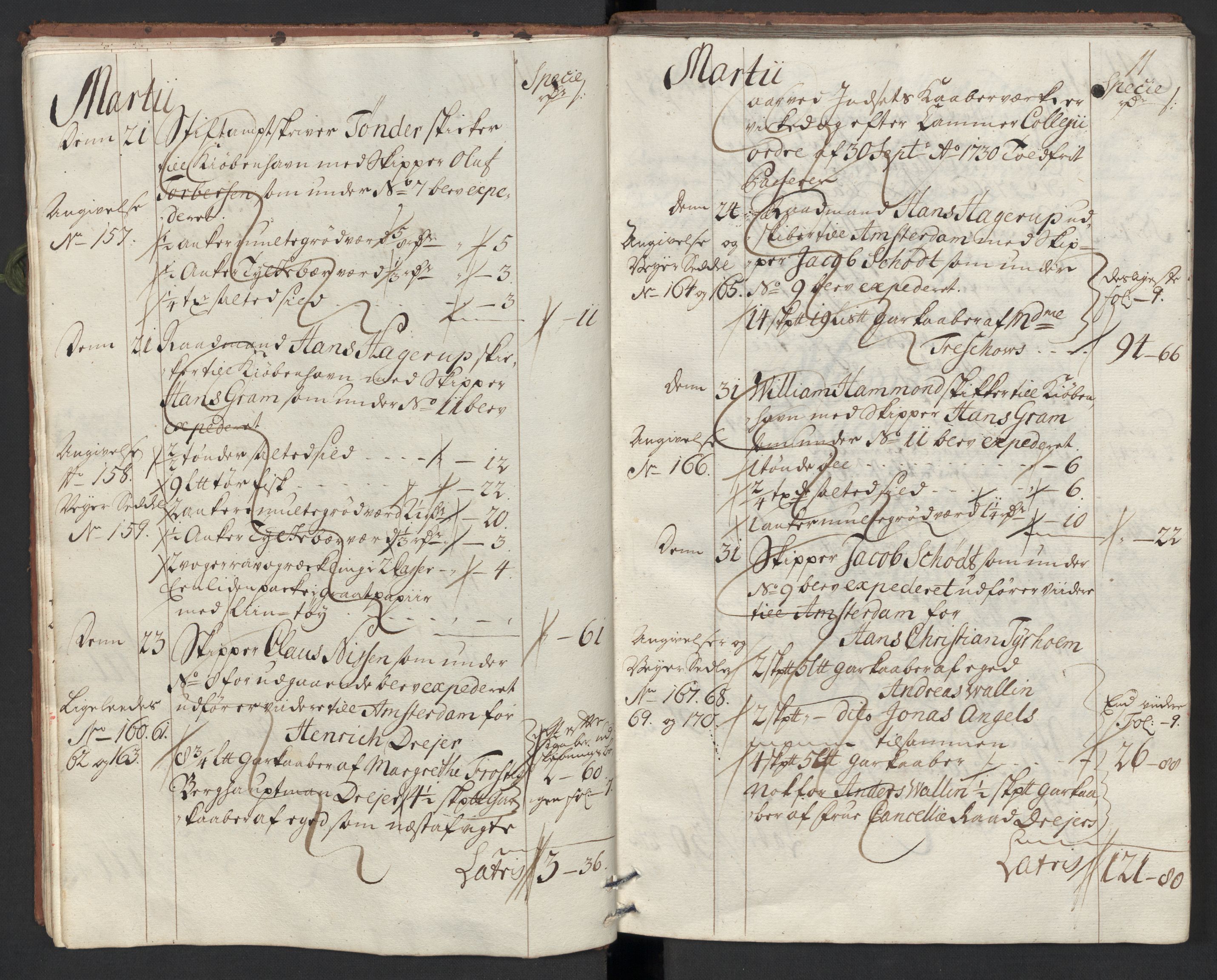 Generaltollkammeret, tollregnskaper, AV/RA-EA-5490/R33/L0013/0002: Tollregnskaper Trondheim A / Utgående tollbok, 1731, s. 10b-11a