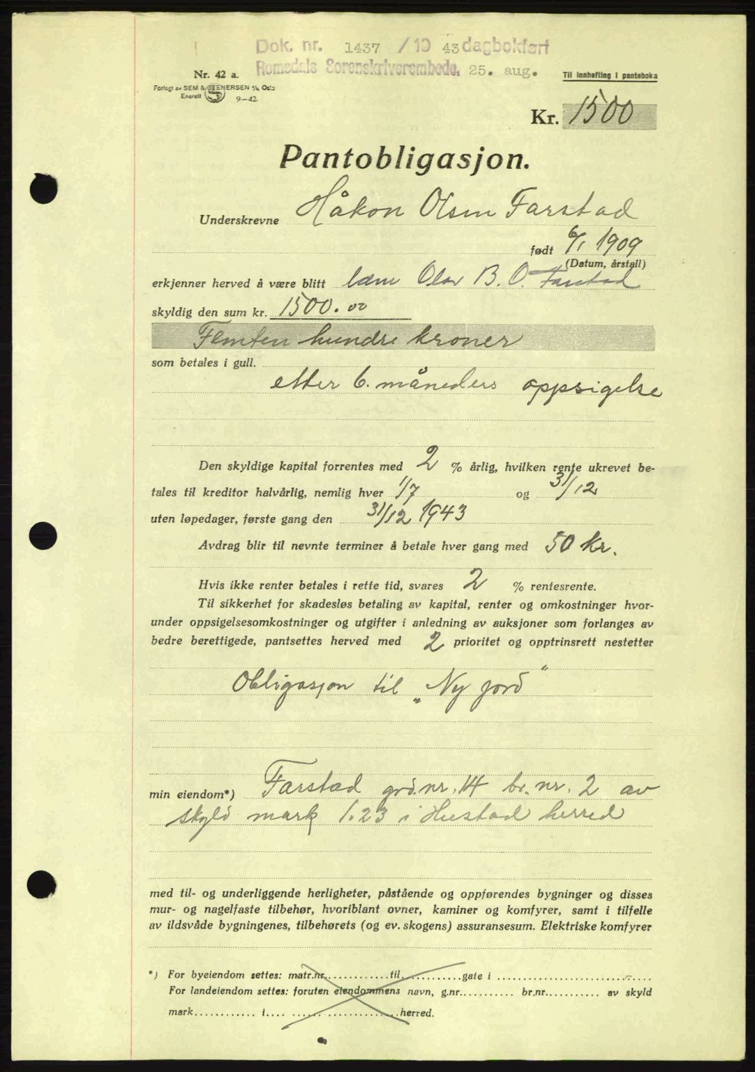 Romsdal sorenskriveri, SAT/A-4149/1/2/2C: Pantebok nr. B2, 1939-1945, Dagboknr: 1437/1943