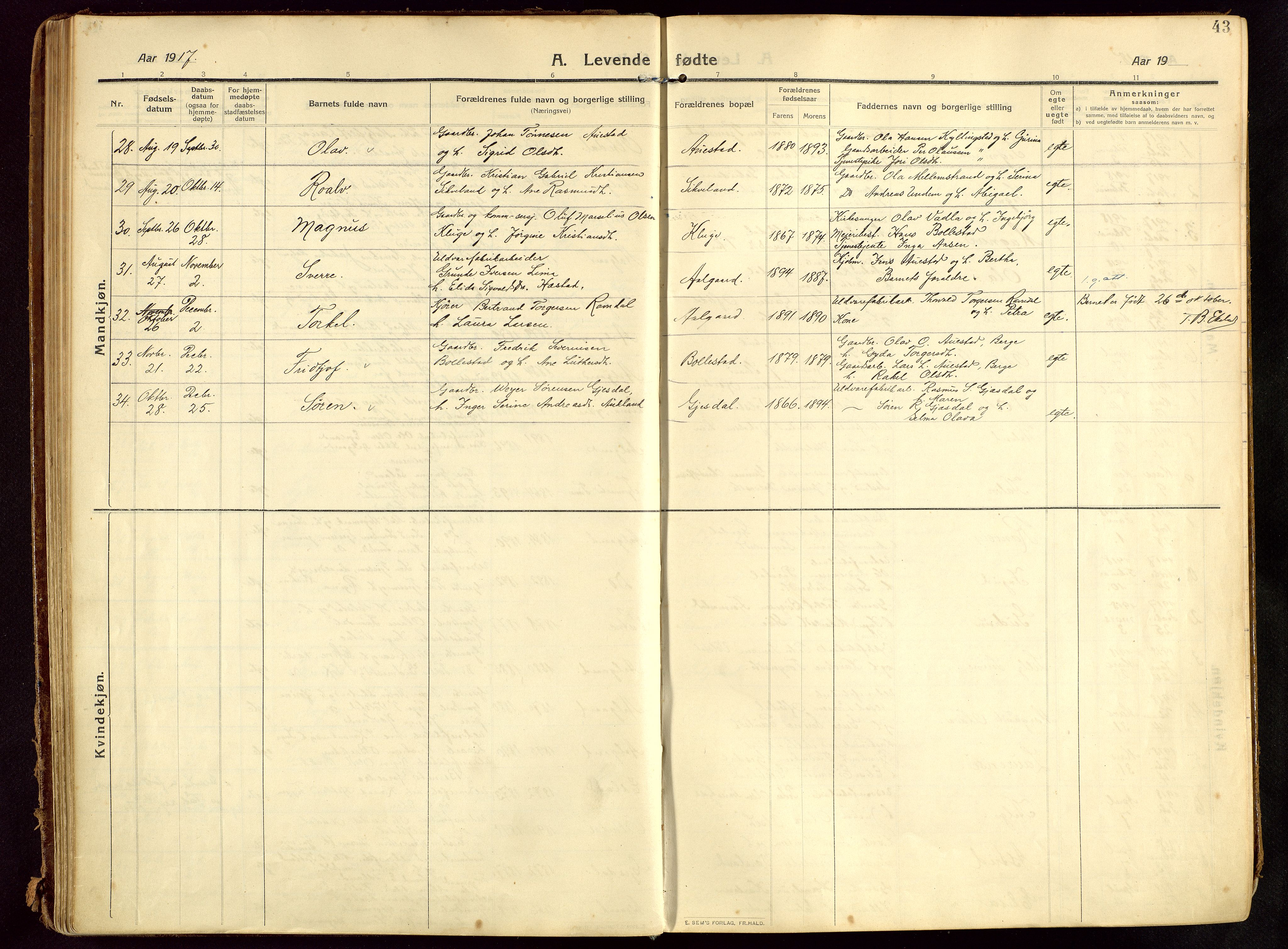 Lye sokneprestkontor, AV/SAST-A-101794/002/B/L0001: Ministerialbok nr. A 13, 1910-1925, s. 43