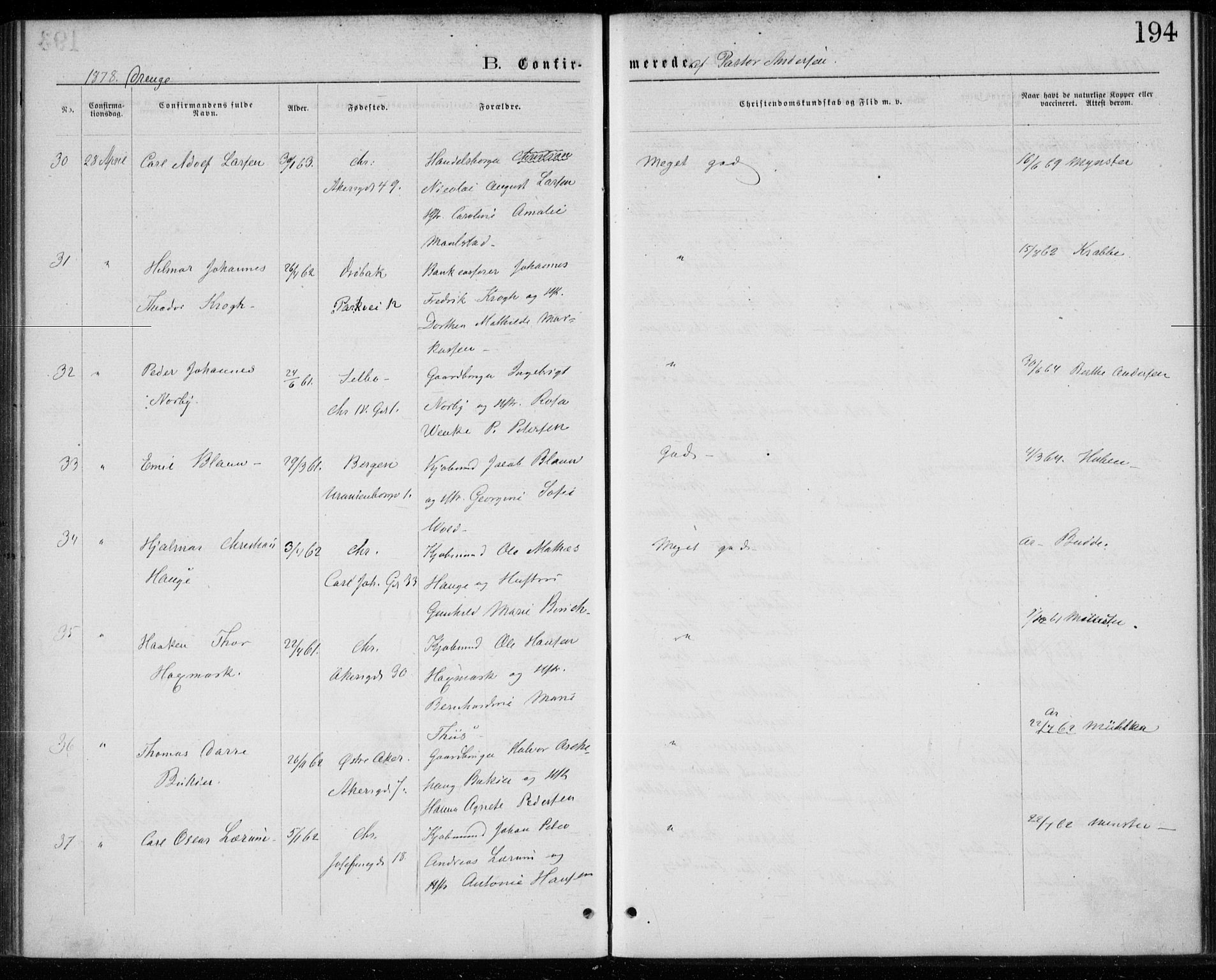 Trefoldighet prestekontor Kirkebøker, AV/SAO-A-10882/F/Fb/L0002: Ministerialbok nr. II 2, 1871-1880, s. 194