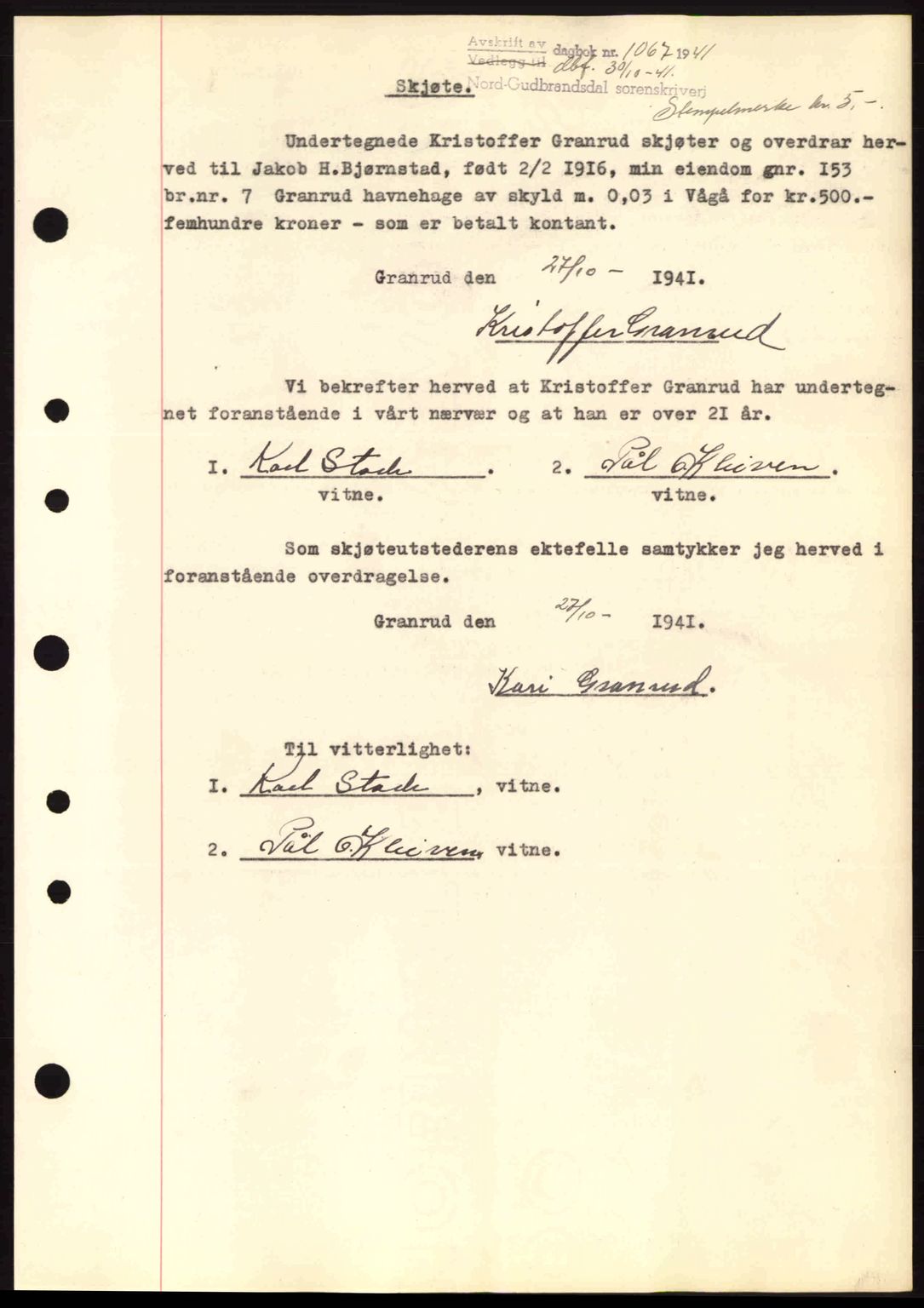 Nord-Gudbrandsdal tingrett, SAH/TING-002/H/Hb/Hbb/L0007: Pantebok nr. FA7, 1941-1941, Dagboknr: 1067/1941