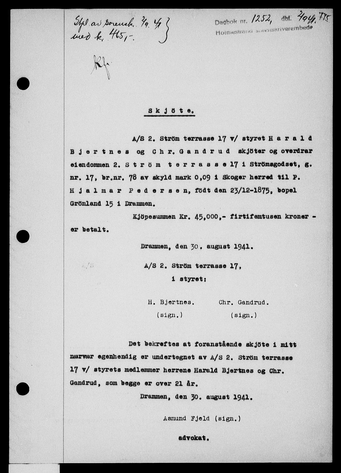 Holmestrand sorenskriveri, SAKO/A-67/G/Ga/Gaa/L0053: Pantebok nr. A-53, 1941-1941, Dagboknr: 1252/1941