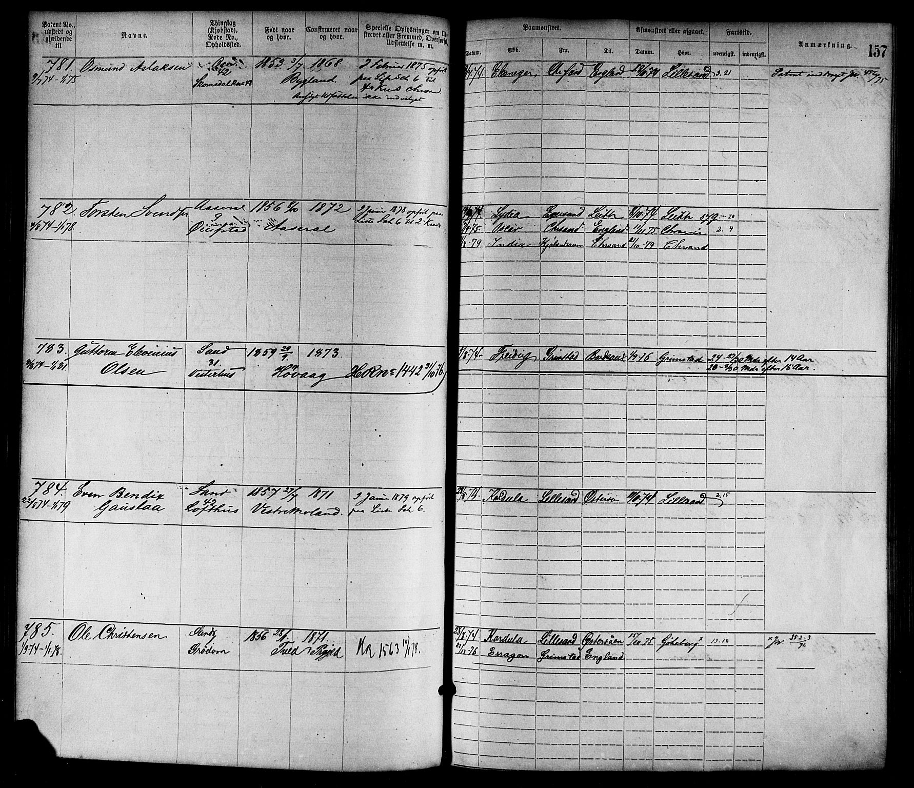 Lillesand mønstringskrets, SAK/2031-0014/F/Fa/L0004: Annotasjonsrulle nr 1-1920 med register, G-1, 1869-1891, s. 182