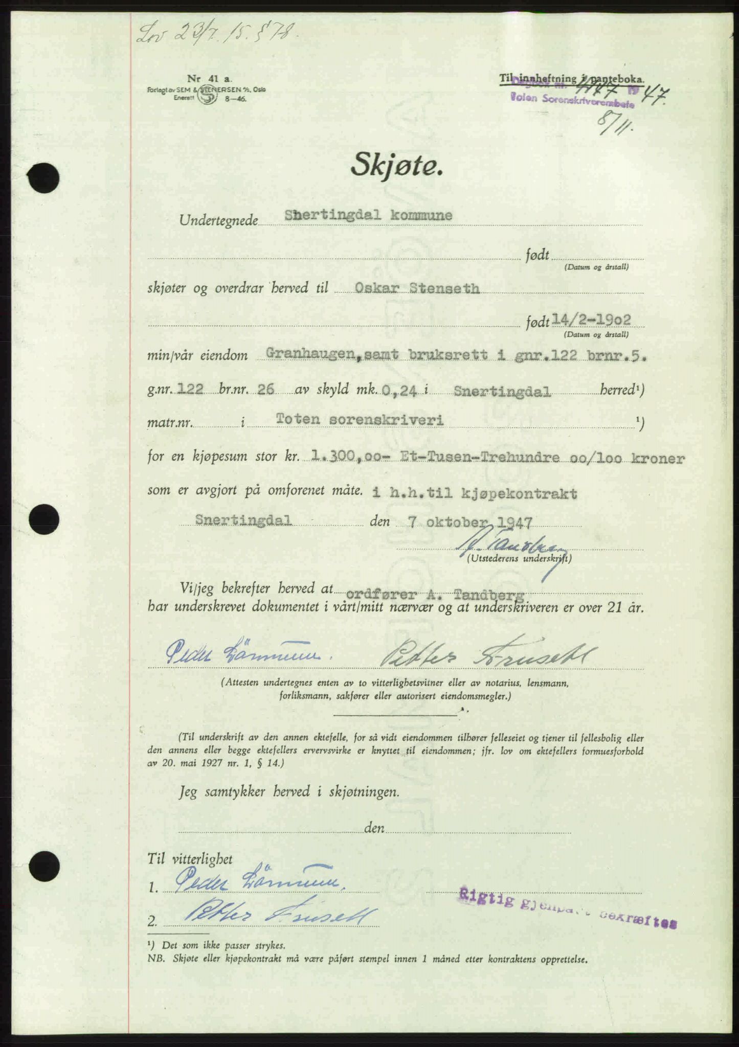 Toten tingrett, AV/SAH-TING-006/H/Hb/Hbc/L0018: Pantebok nr. Hbc-18, 1947-1947, Dagboknr: 4147/1947
