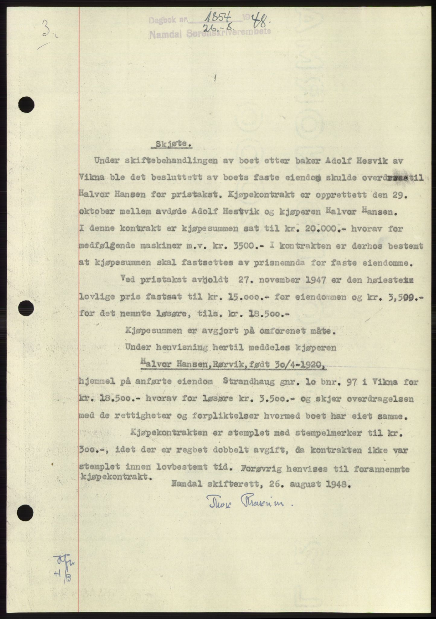 Namdal sorenskriveri, SAT/A-4133/1/2/2C: Pantebok nr. -, 1948-1948, Dagboknr: 1854/1948