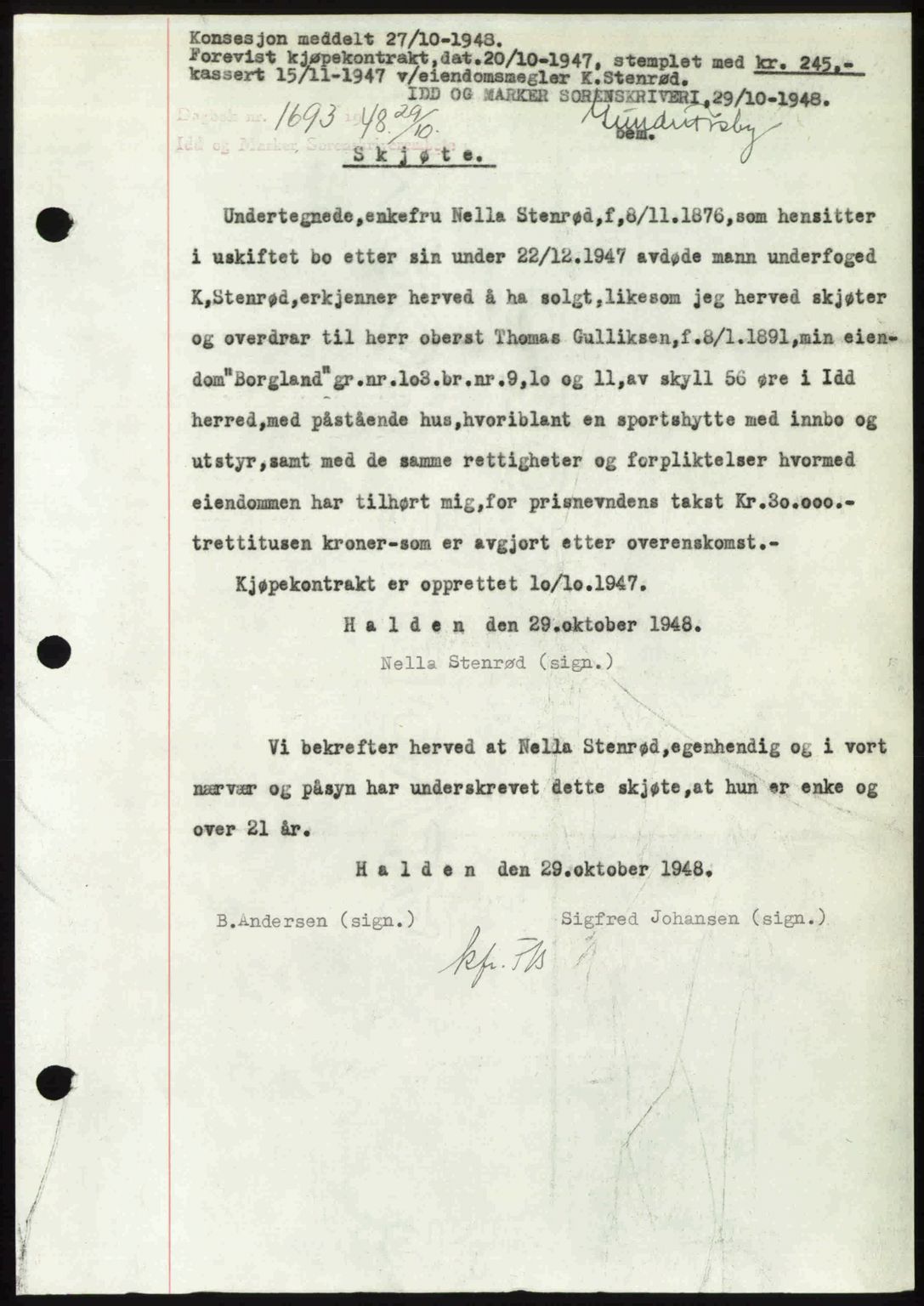 Idd og Marker sorenskriveri, SAO/A-10283/G/Gb/Gbb/L0011: Pantebok nr. A11, 1948-1949, Dagboknr: 1693/1948