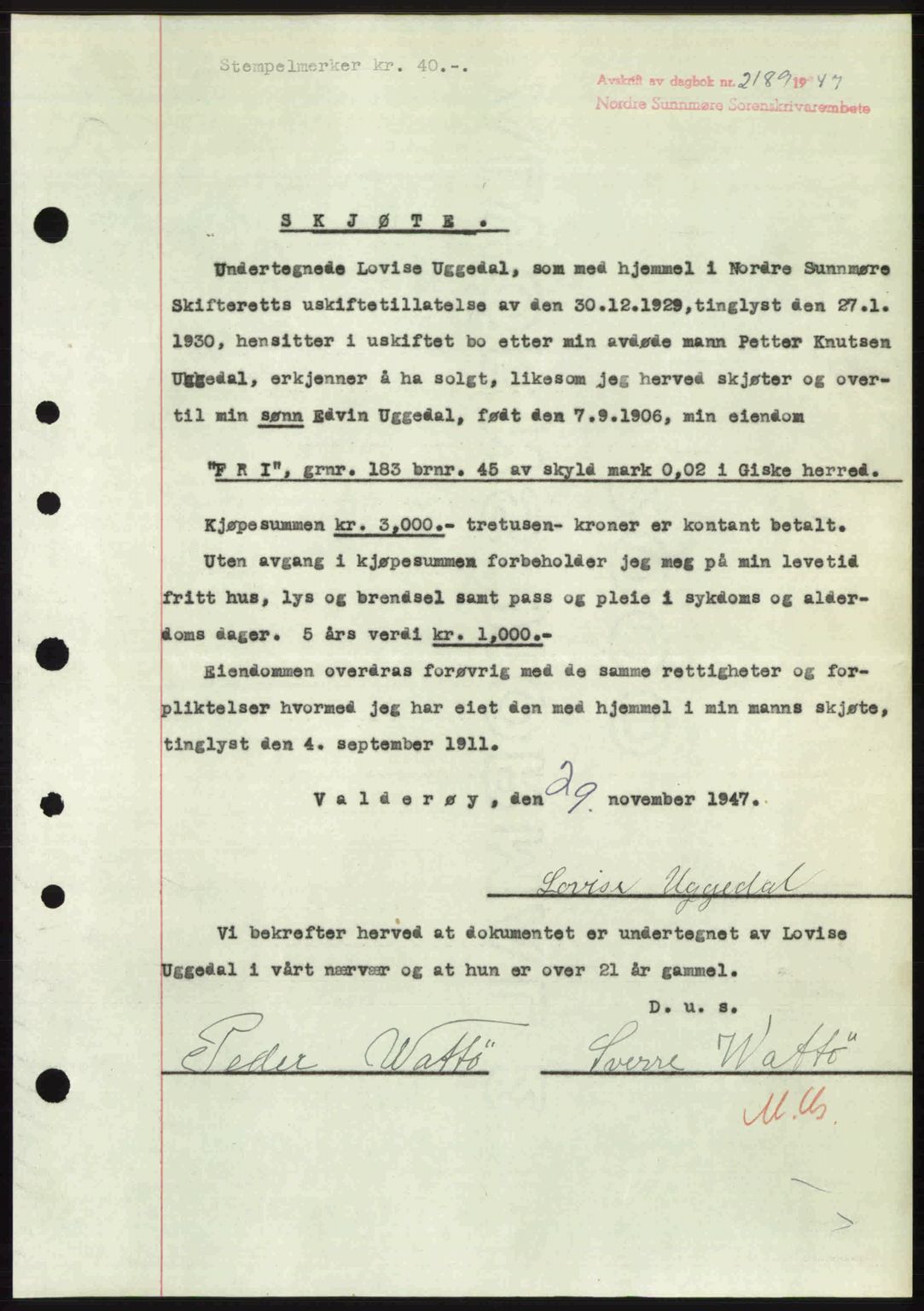 Nordre Sunnmøre sorenskriveri, AV/SAT-A-0006/1/2/2C/2Ca: Pantebok nr. A26, 1947-1948, Dagboknr: 2189/1947