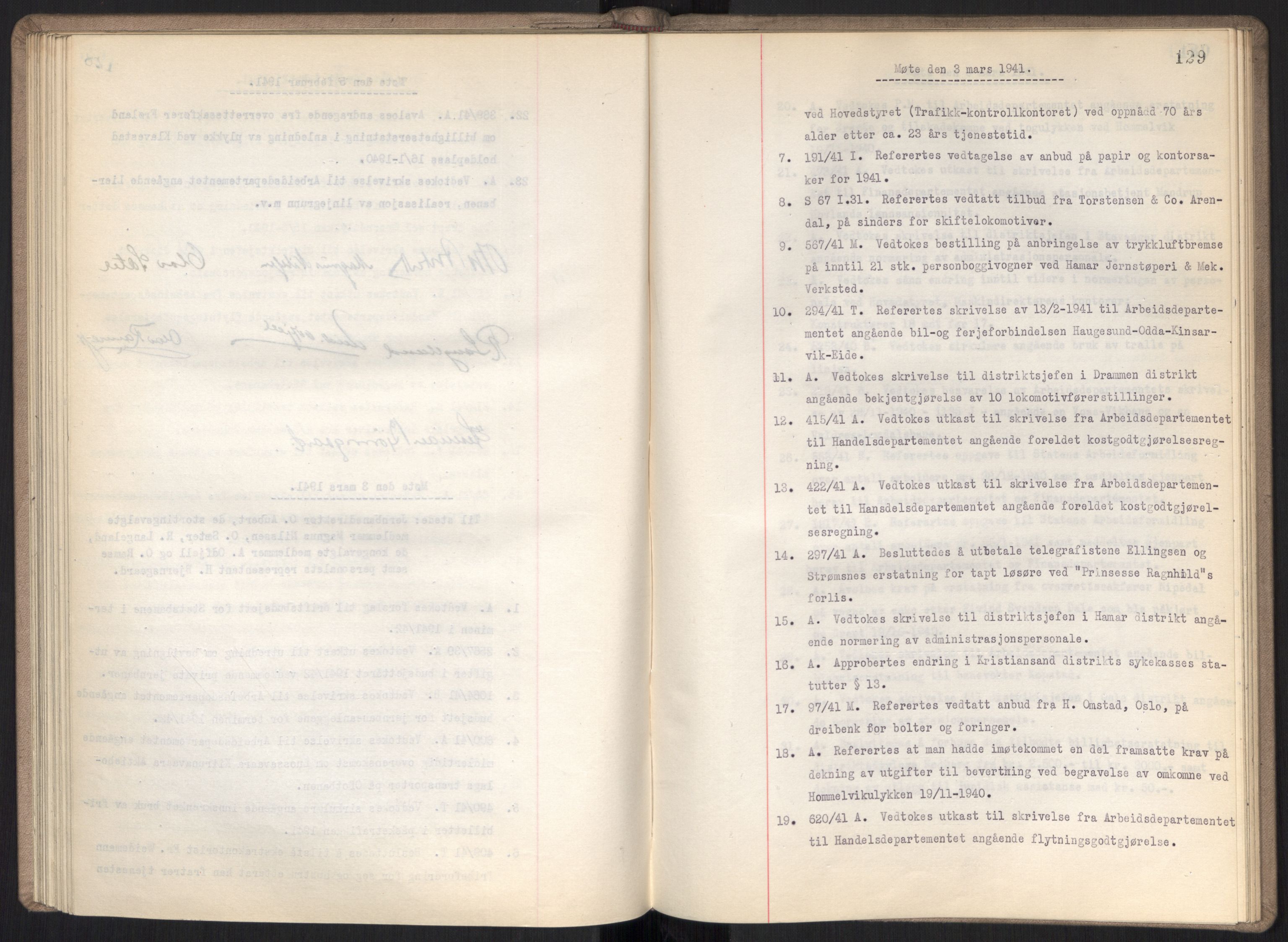 Norges statsbaner, Administrasjons- økonomi- og personalavdelingen, AV/RA-S-3412/A/Aa/L0027: Forhandlingsprotokoll, 1939-1941, s. 129