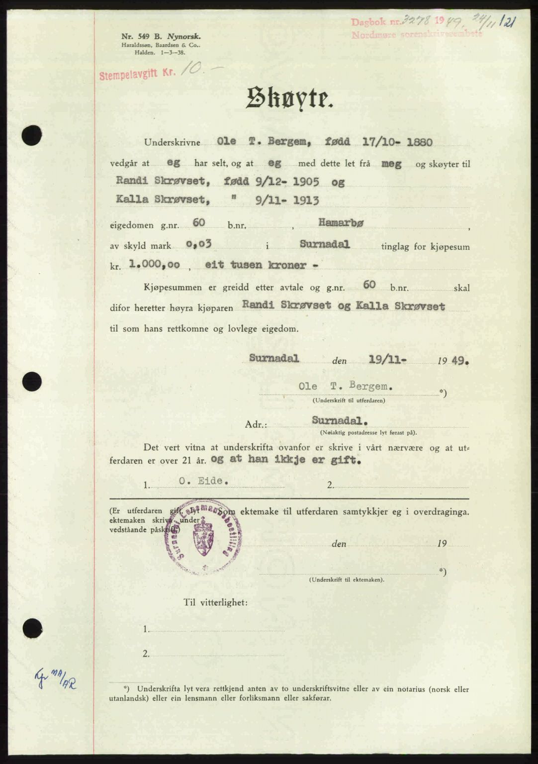 Nordmøre sorenskriveri, AV/SAT-A-4132/1/2/2Ca: Pantebok nr. A113, 1949-1950, Dagboknr: 3278/1949