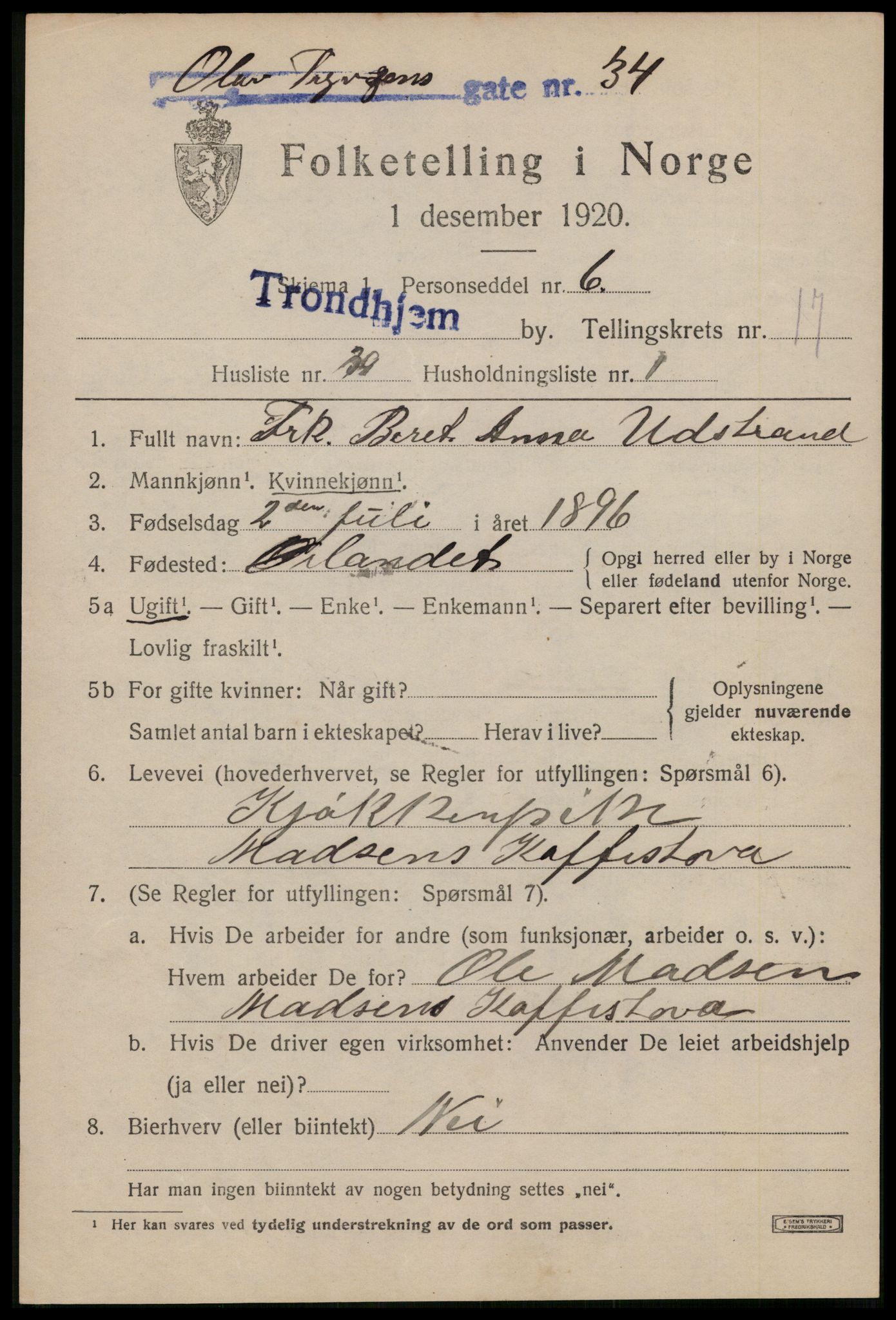 SAT, Folketelling 1920 for 1601 Trondheim kjøpstad, 1920, s. 56018