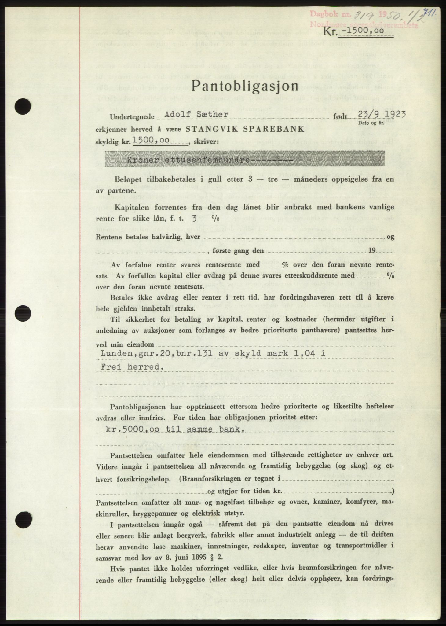 Nordmøre sorenskriveri, AV/SAT-A-4132/1/2/2Ca: Pantebok nr. B103, 1949-1950, Dagboknr: 319/1950