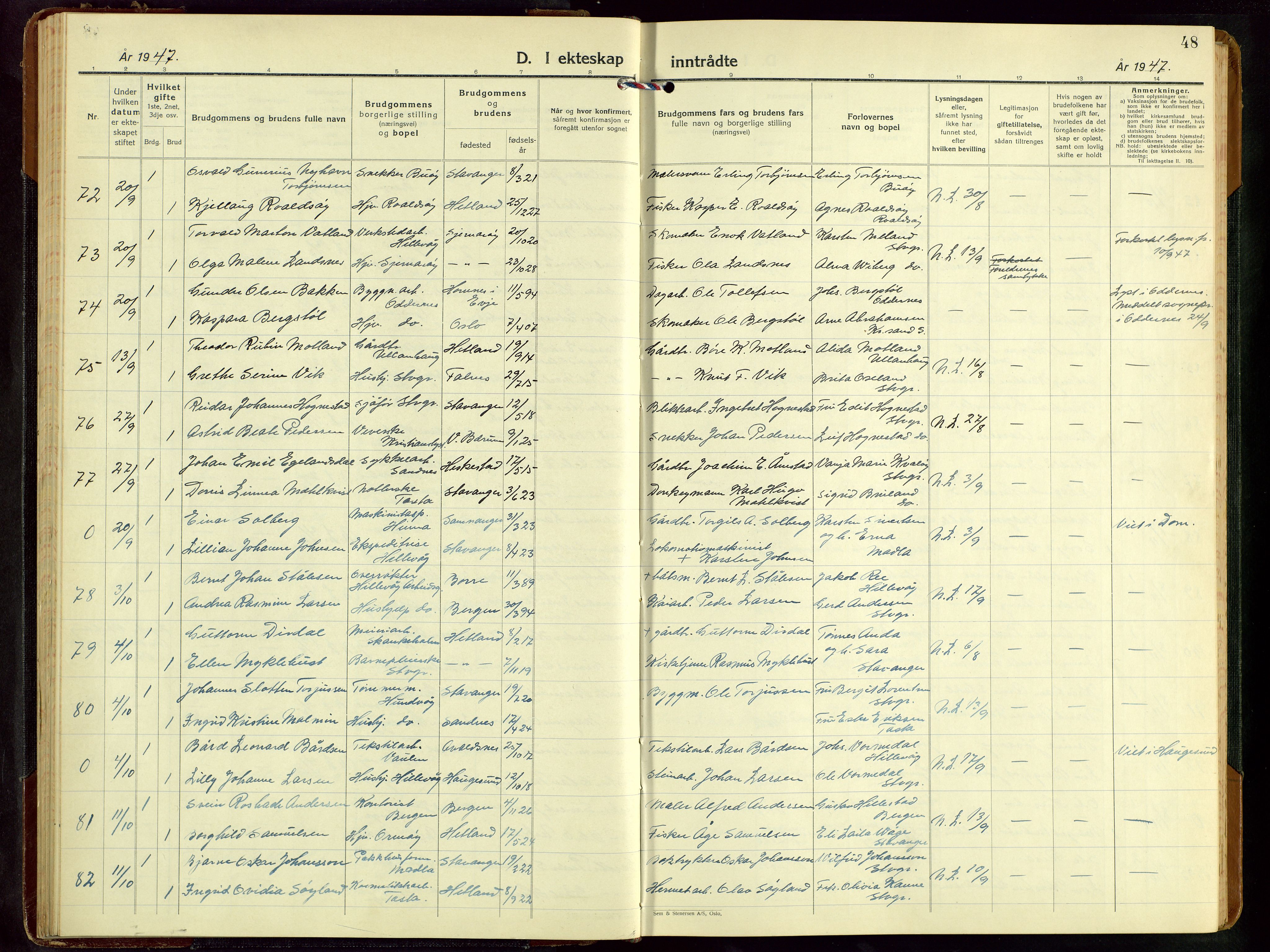 Hetland sokneprestkontor, AV/SAST-A-101826/30/30BB/L0016: Klokkerbok nr. B 16, 1942-1960, s. 48