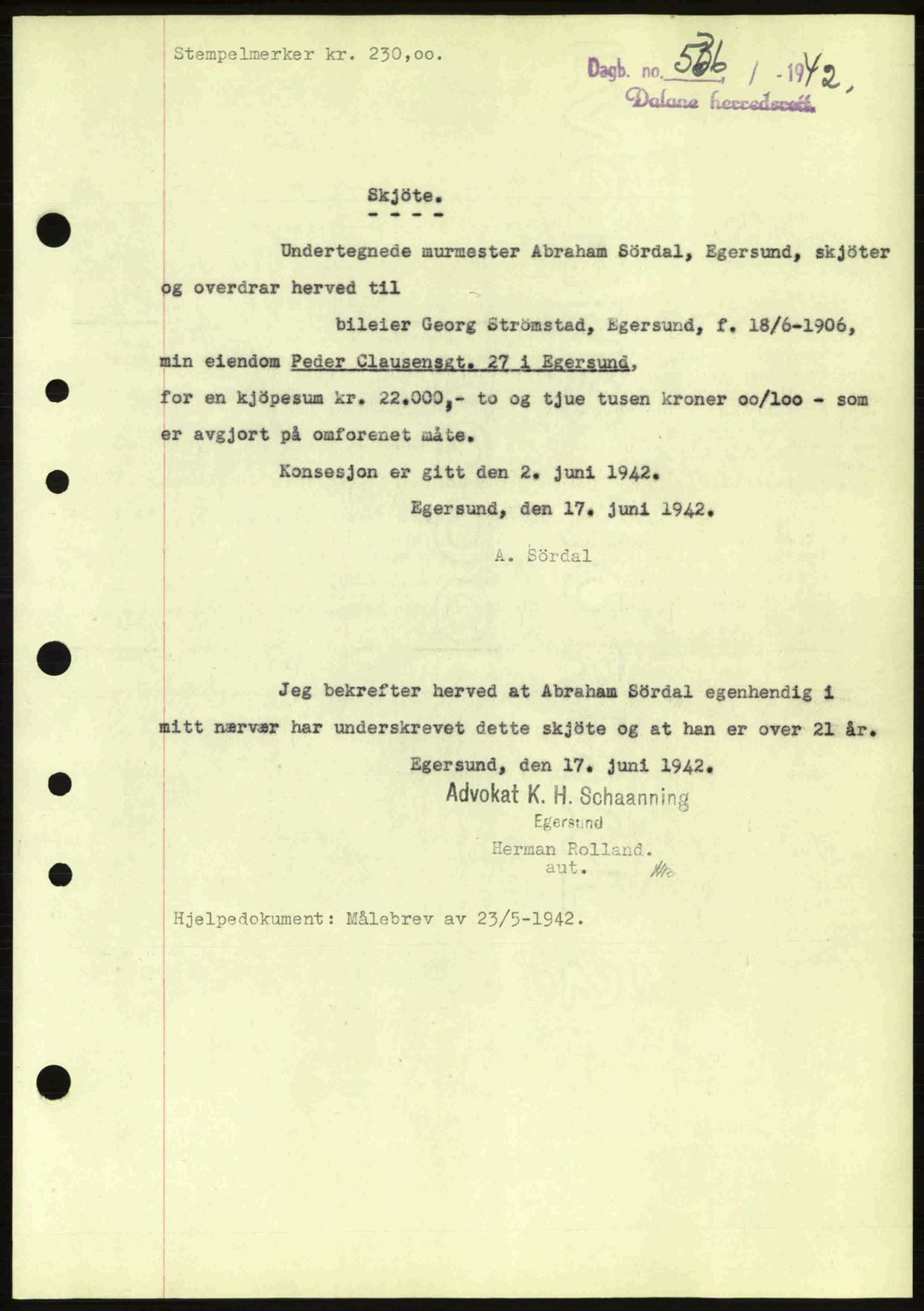 Dalane sorenskriveri, SAST/A-100309/02/G/Gb/L0045: Pantebok nr. A6, 1941-1942, Dagboknr: 536/1942