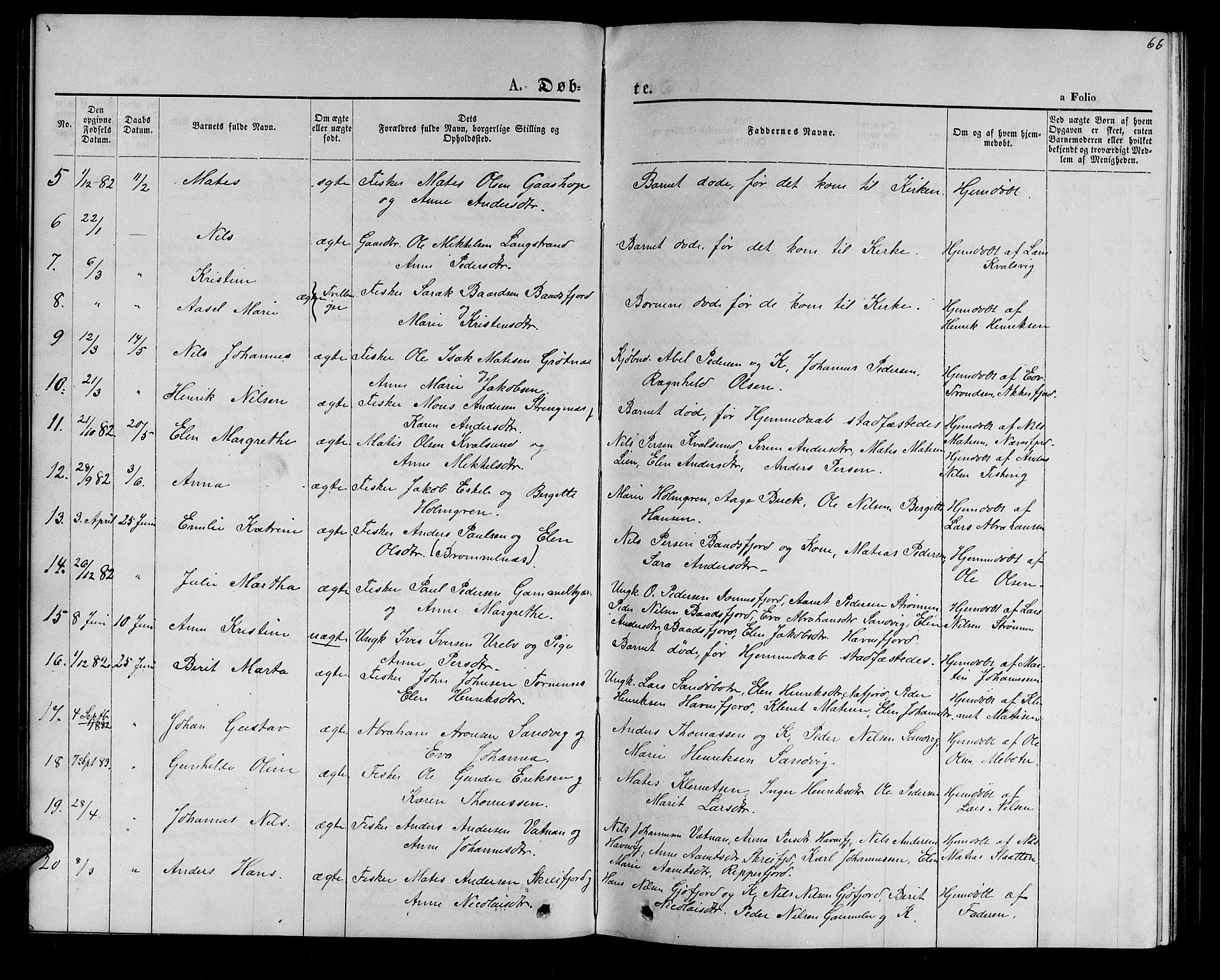 Hammerfest sokneprestkontor, AV/SATØ-S-1347/H/Hb/L0005.klokk: Klokkerbok nr. 5, 1869-1884, s. 66