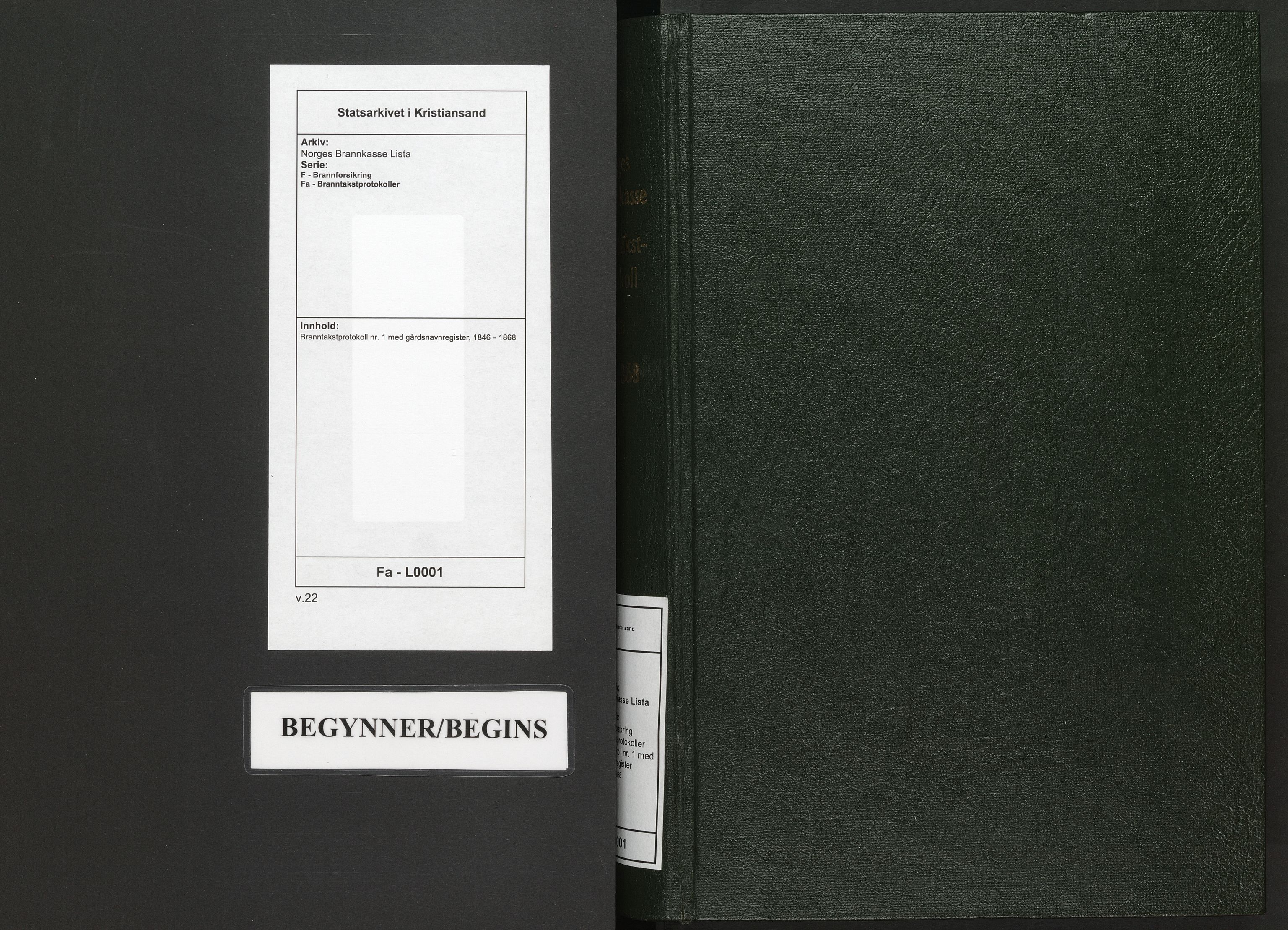 Norges Brannkasse Lista, SAK/2241-0035/F/Fa/L0001: Branntakstprotokoll nr. 1 med gårdsnavnregister, 1846-1868