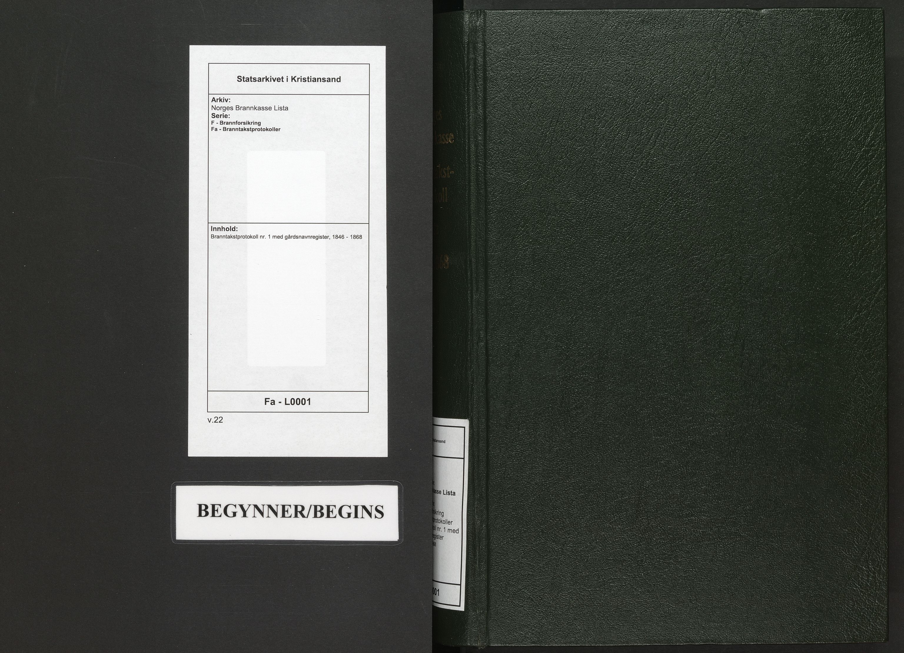 Norges Brannkasse Lista, AV/SAK-2241-0035/F/Fa/L0001: Branntakstprotokoll nr. 1 med gårdsnavnregister, 1846-1868