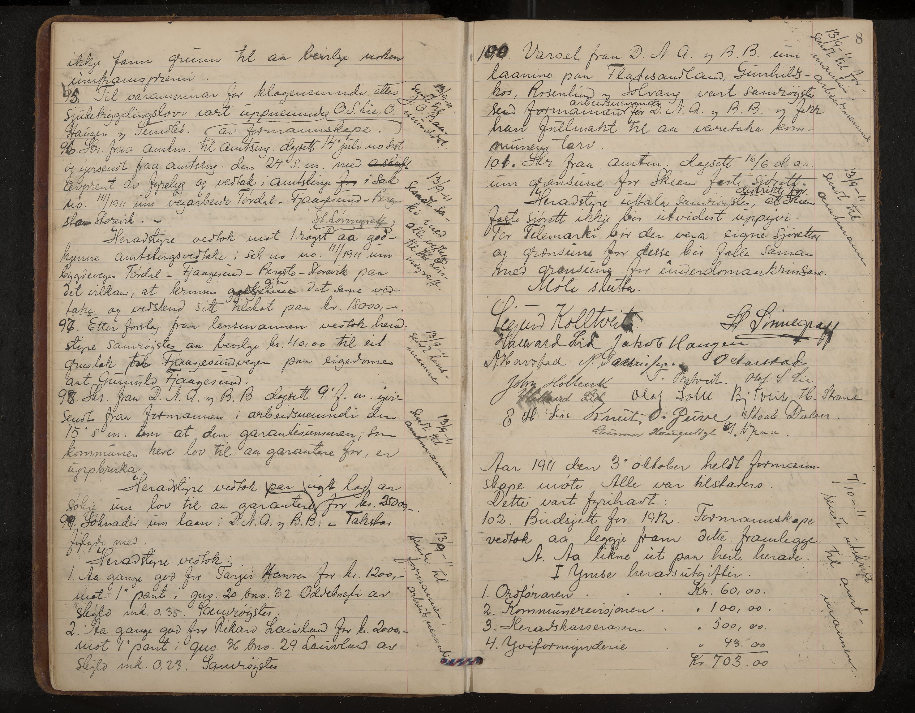 Kviteseid formannskap og sentraladministrasjon, IKAK/0829021/A/Aa/L0005: Møtebok, 1911-1918, s. 8