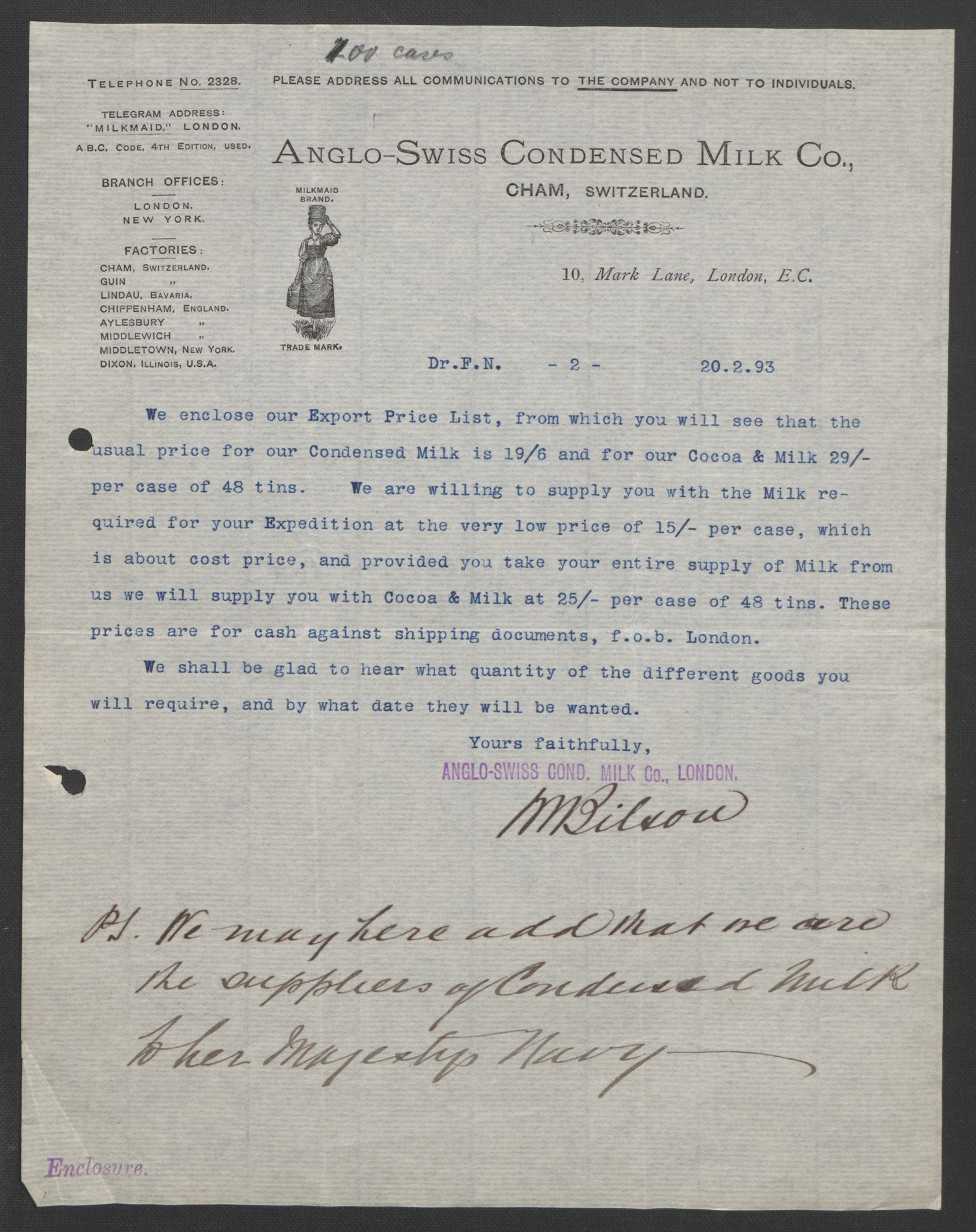 Arbeidskomitéen for Fridtjof Nansens polarekspedisjon, AV/RA-PA-0061/D/L0004: Innk. brev og telegrammer vedr. proviant og utrustning, 1892-1893, s. 10