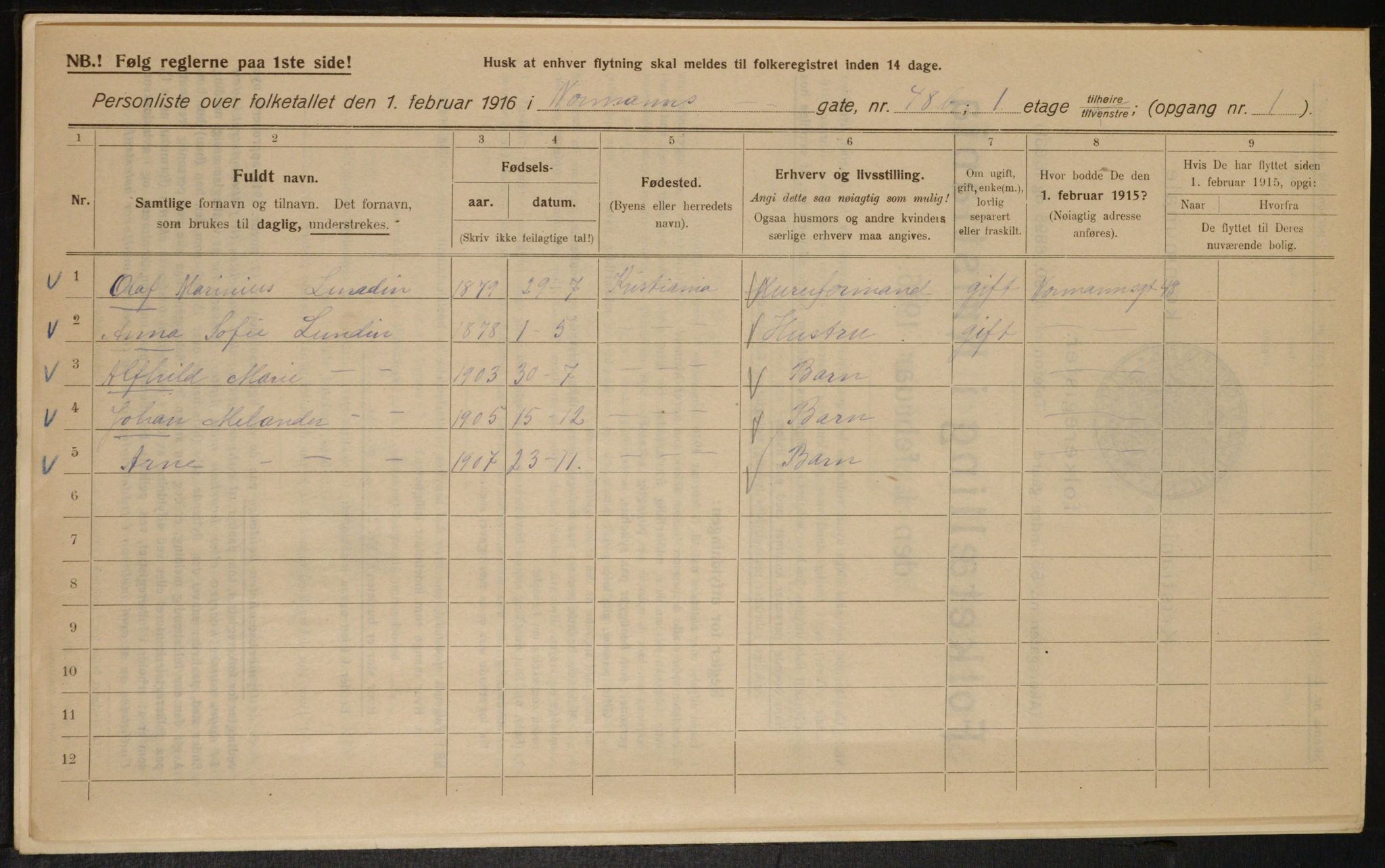 OBA, Kommunal folketelling 1.2.1916 for Kristiania, 1916, s. 75675