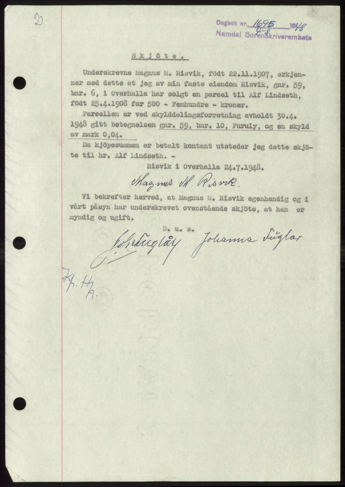 Namdal sorenskriveri, SAT/A-4133/1/2/2C: Pantebok nr. -, 1948-1948, Dagboknr: 1695/1948