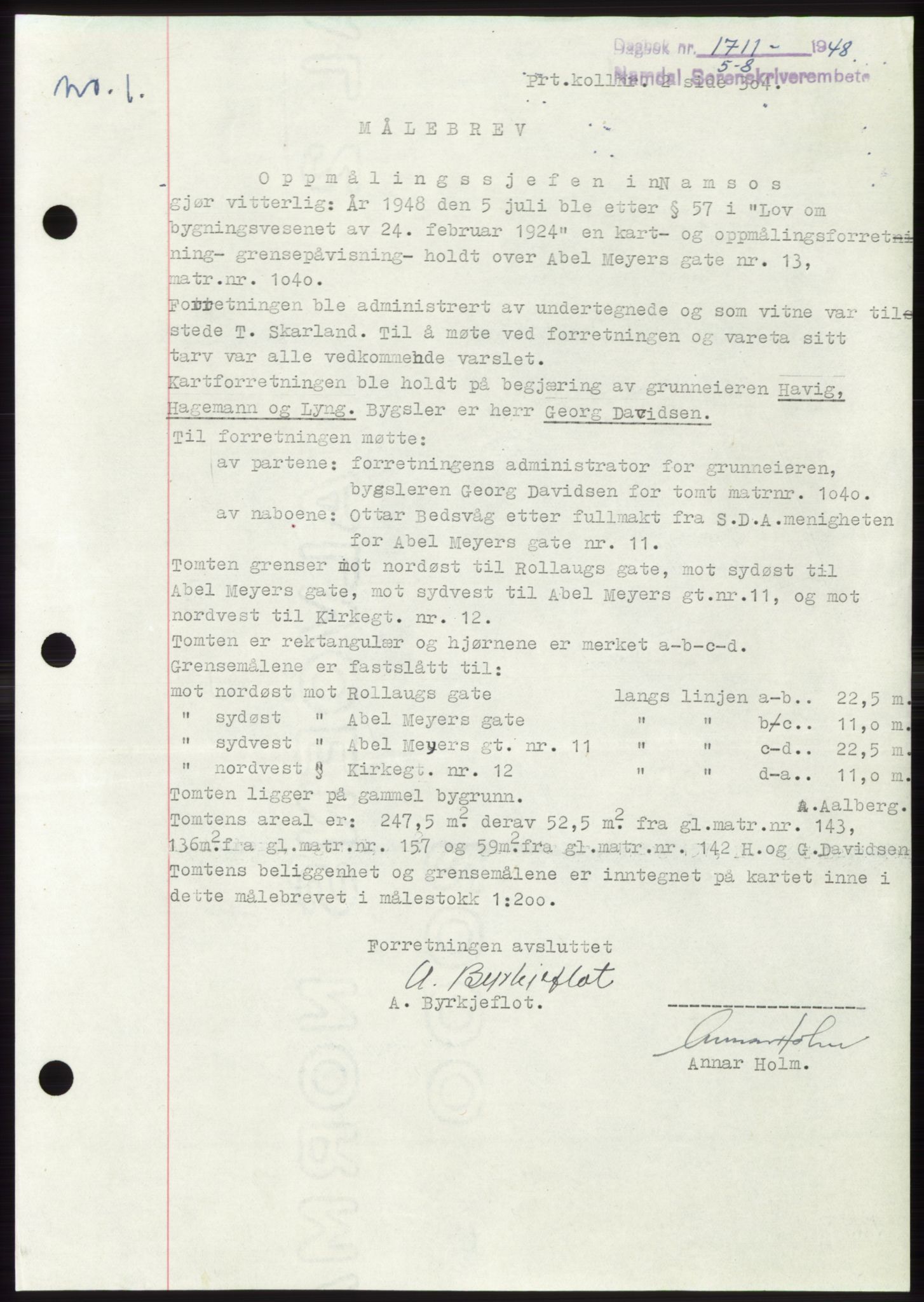 Namdal sorenskriveri, SAT/A-4133/1/2/2C: Pantebok nr. -, 1948-1948, Dagboknr: 1711/1948