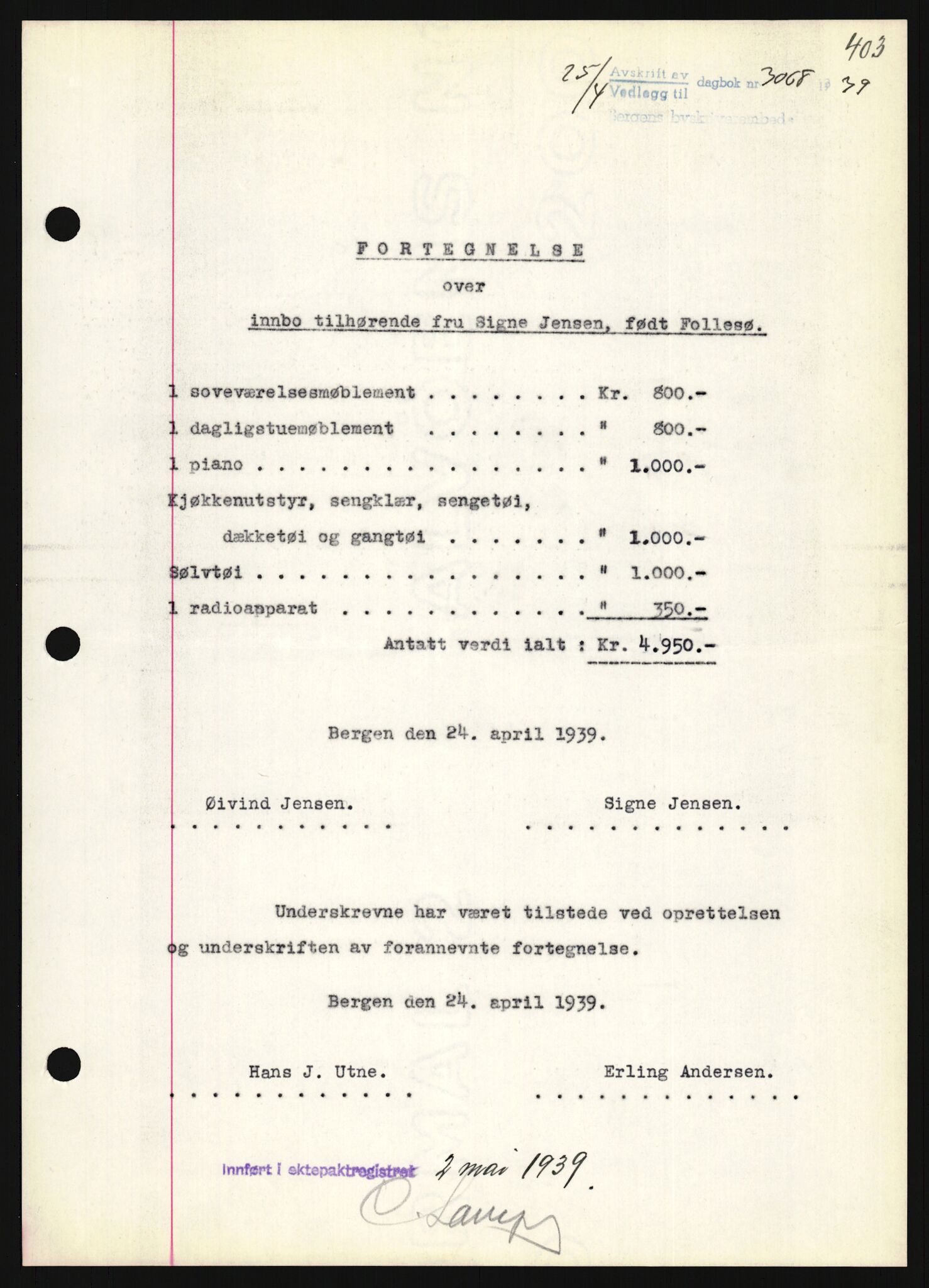 Oslo byskriverembete, AV/SAO-A-10227/2/G/Gb/L0055: Tinglyste ektepakter, Bergen, bind 3-4, 1937-1944