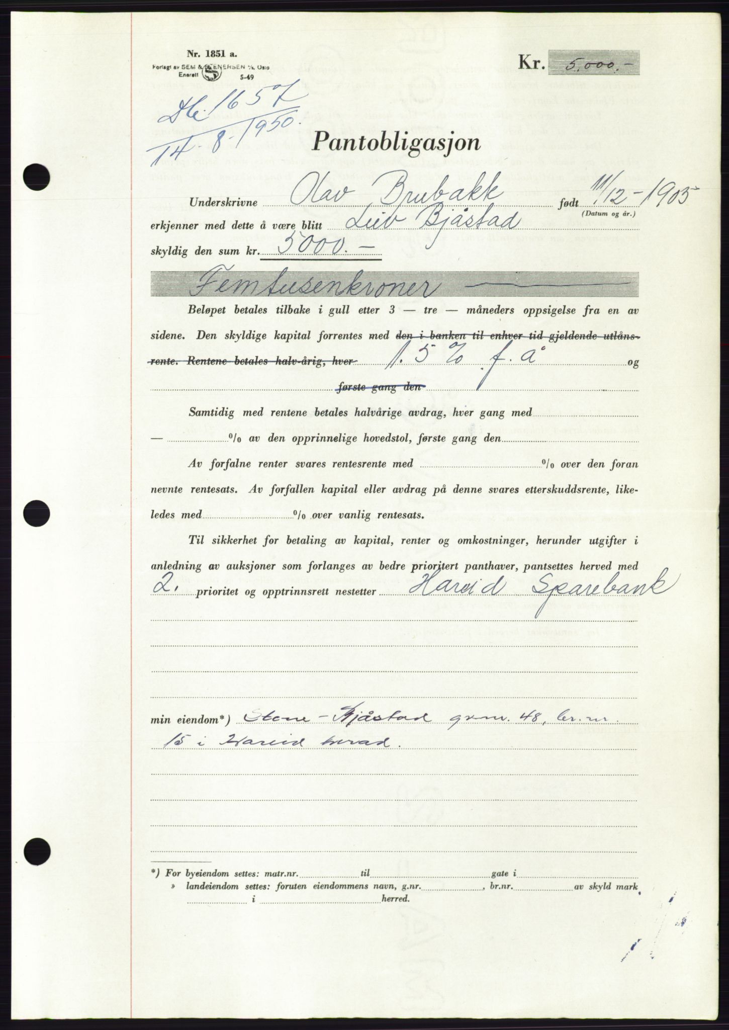 Søre Sunnmøre sorenskriveri, AV/SAT-A-4122/1/2/2C/L0119: Pantebok nr. 7B, 1950-1951, Dagboknr: 1657/1950