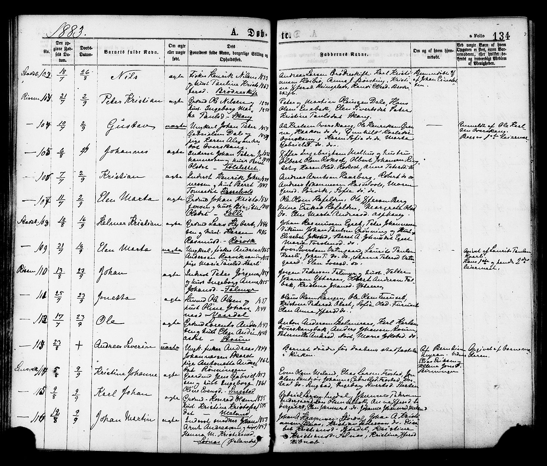 Ministerialprotokoller, klokkerbøker og fødselsregistre - Sør-Trøndelag, SAT/A-1456/646/L0613: Ministerialbok nr. 646A11, 1870-1884, s. 134