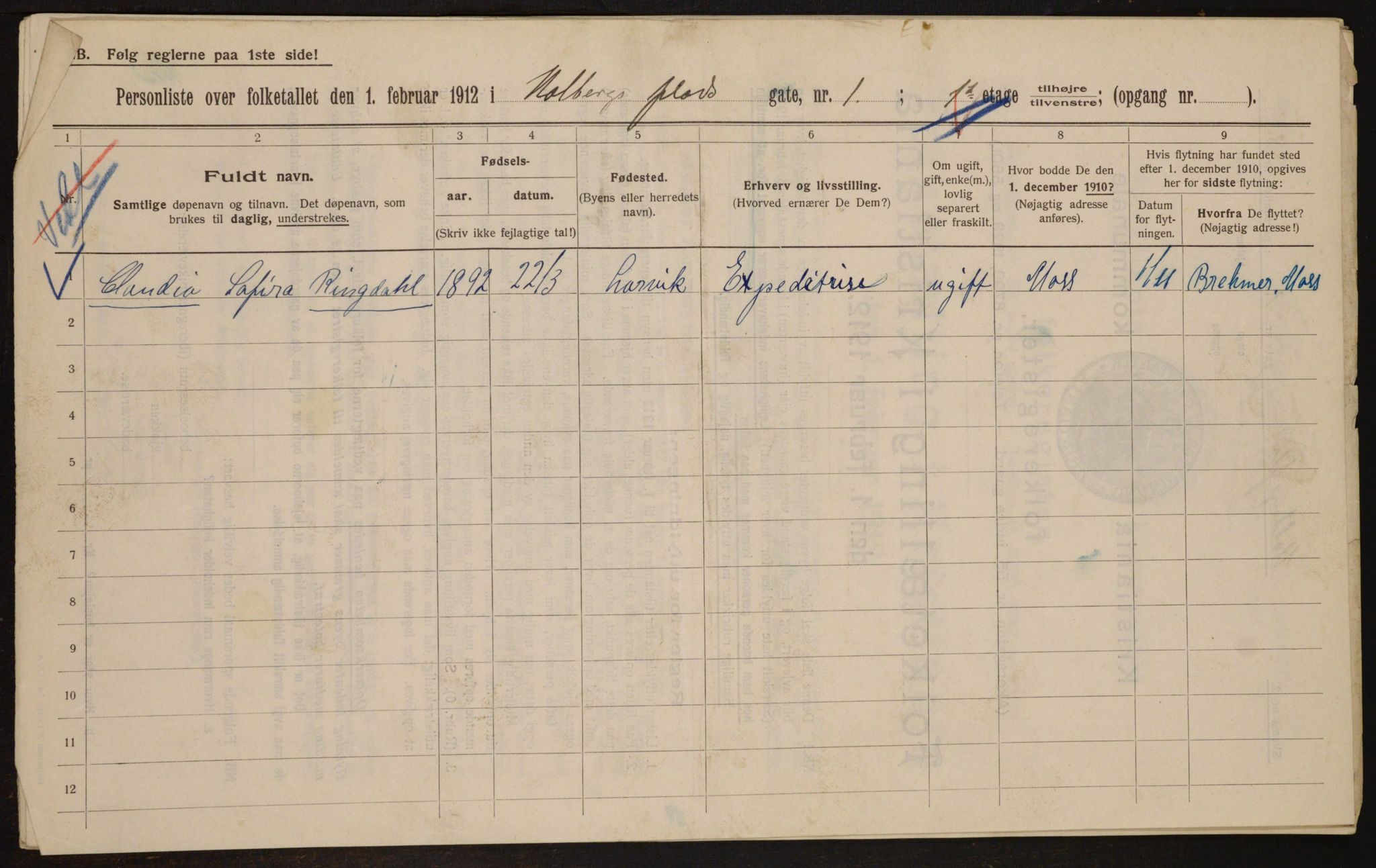 OBA, Kommunal folketelling 1.2.1912 for Kristiania, 1912, s. 40927