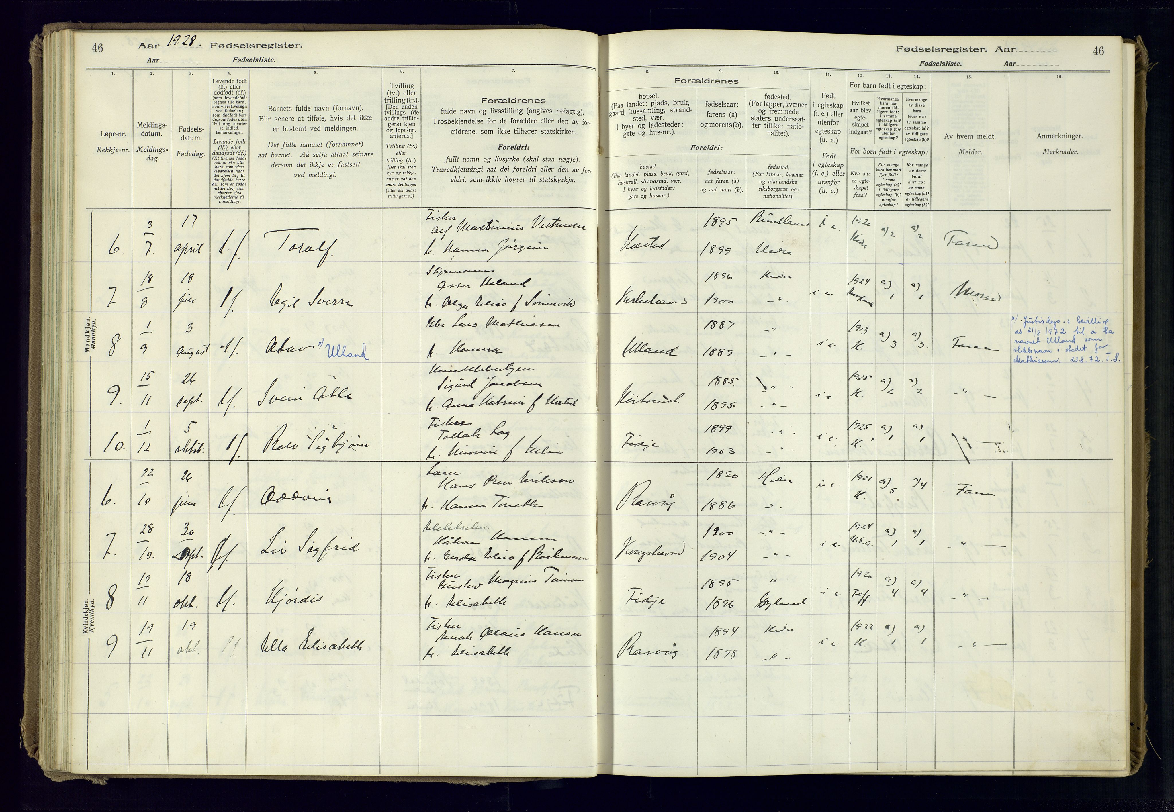 Flekkefjord sokneprestkontor, AV/SAK-1111-0012/J/Ja/L0007: Fødselsregister nr. 7, 1916-1982, s. 46