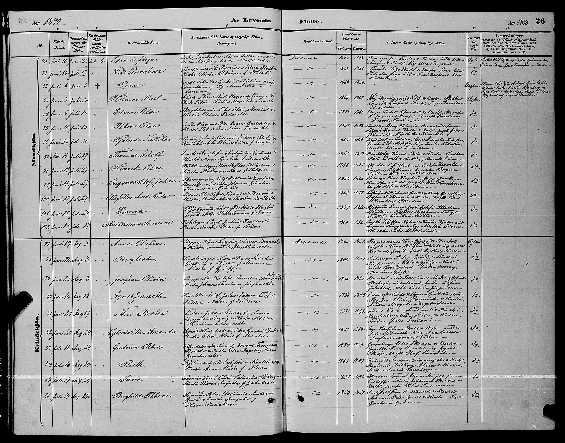 Ministerialprotokoller, klokkerbøker og fødselsregistre - Møre og Romsdal, SAT/A-1454/529/L0467: Klokkerbok nr. 529C04, 1889-1897, s. 26