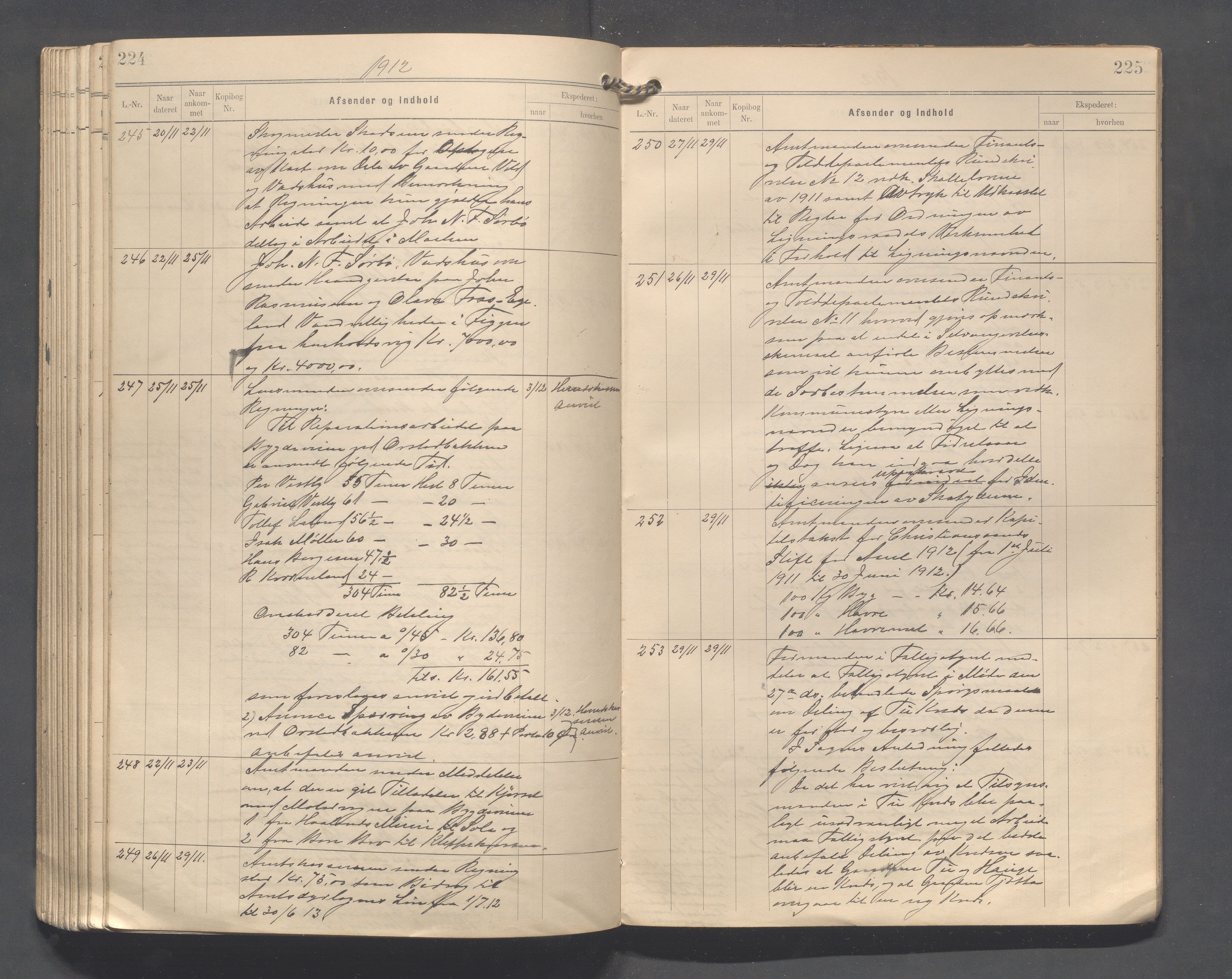 Klepp kommune - Formannskapet, IKAR/K-100277/C/L0003: Brevjournal, 1904-1913, s. 224-225