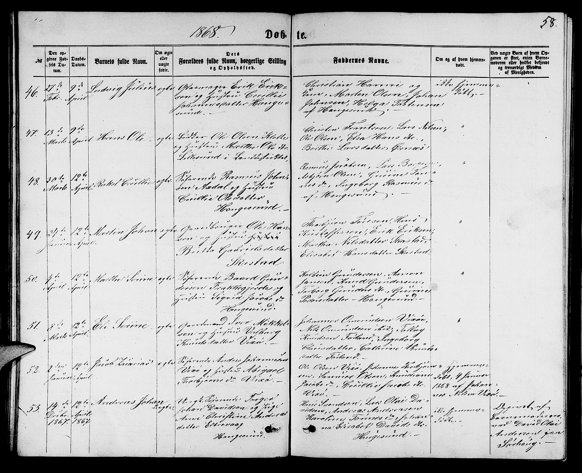 Torvastad sokneprestkontor, AV/SAST-A -101857/H/Ha/Hab/L0007: Klokkerbok nr. B 7, 1866-1873, s. 58